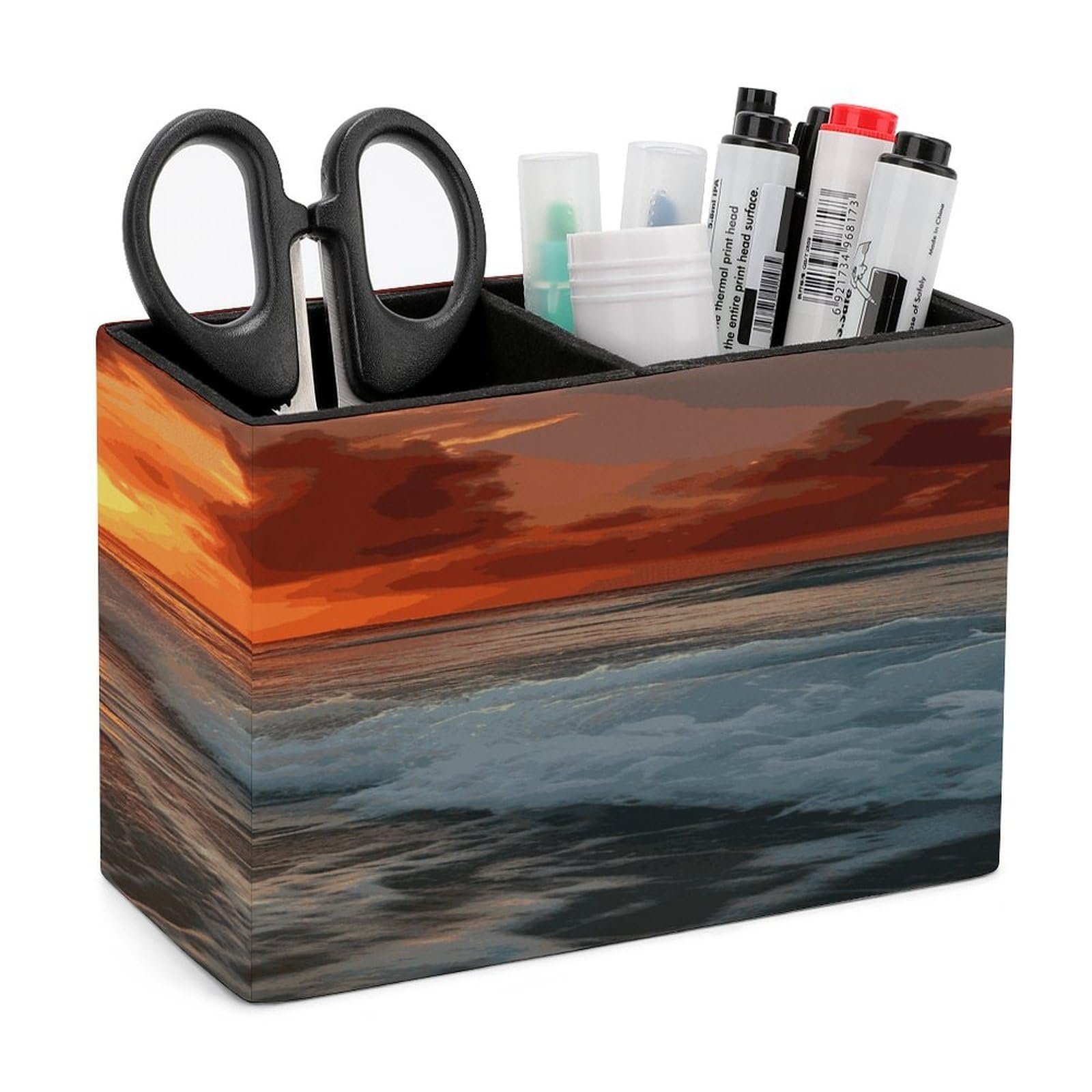 VstaDank The Beach Sunset Pencil Holder for Desk(Double Slots) Fashion Leather Pencil Cup Simple Rectangular Shape Pen Holder Multi-Functional Pen Cup for Home Office Supplies Storage