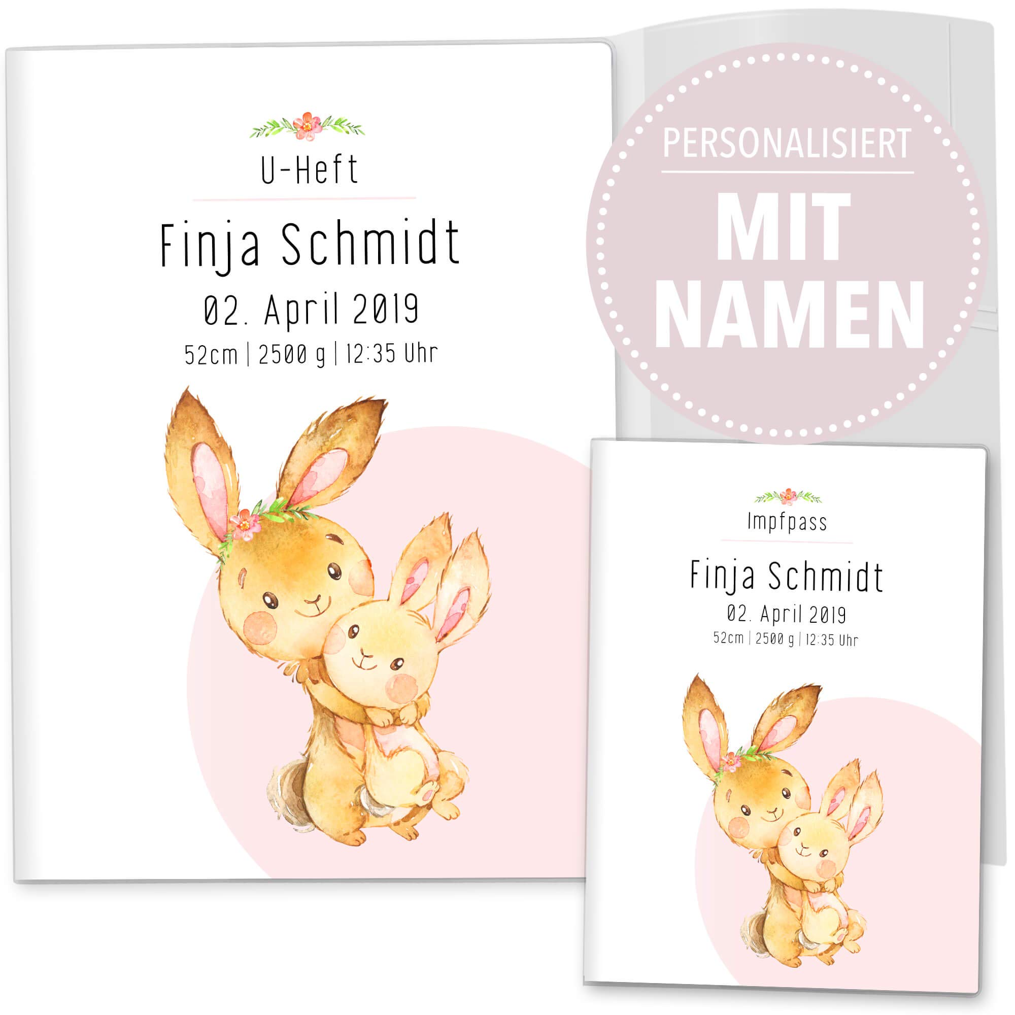 OLGS U-Heft Hüllen 3-teiliges Set Hab dich lieb | Schutzhüllen für Untersuchungsheft & Impfpass, perfektes Babygeschenk personalisierbar mit Namen - U-Heft Set personalisiert, Hase