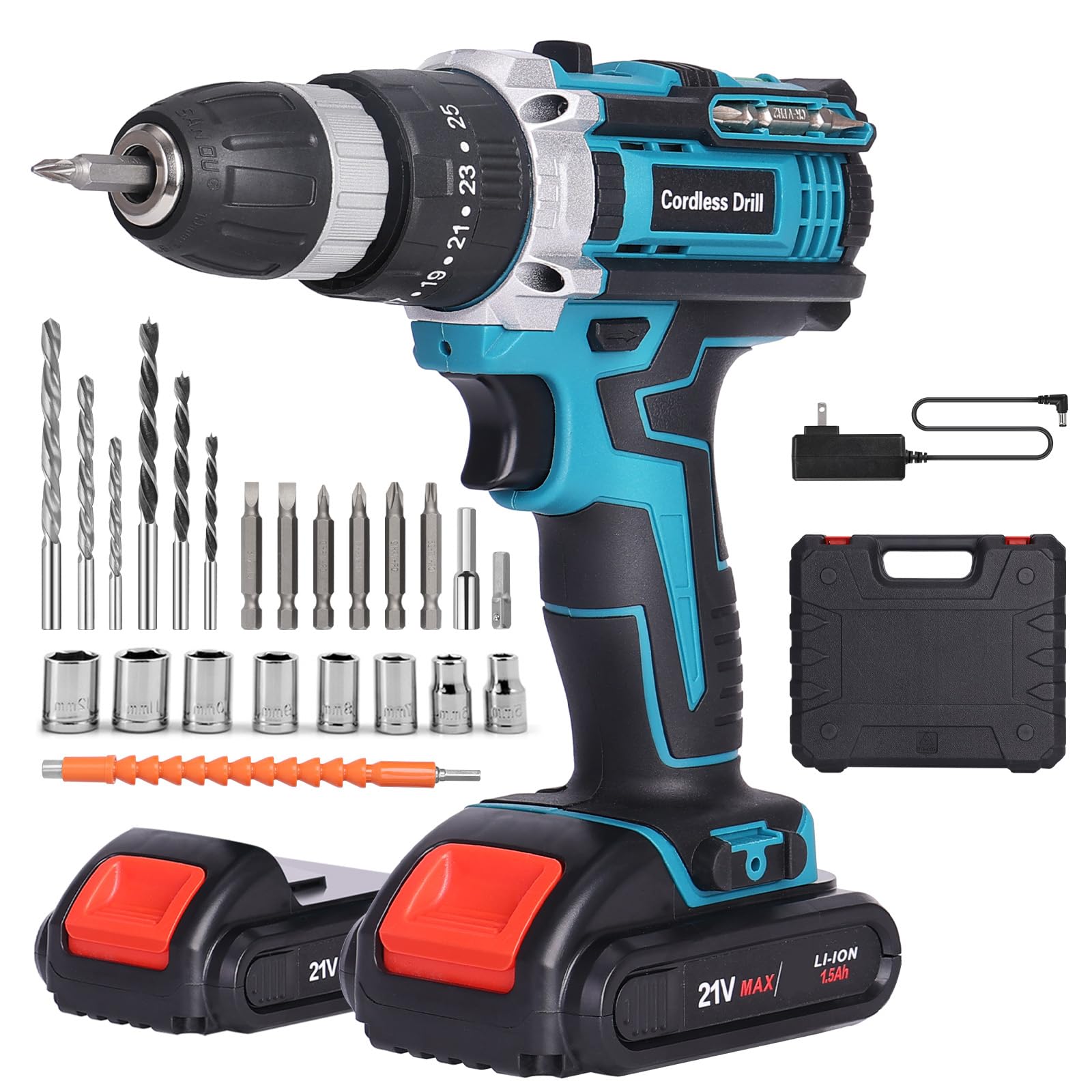 Cordless Drill Set, 21V Cordless Hammer Drill with 2 Batteries 1500mAh, 2 Speed, LED Light, 3/8'' Keyless Chuck, 24PCS Electric Drill Set for Home and Garden DIY Project