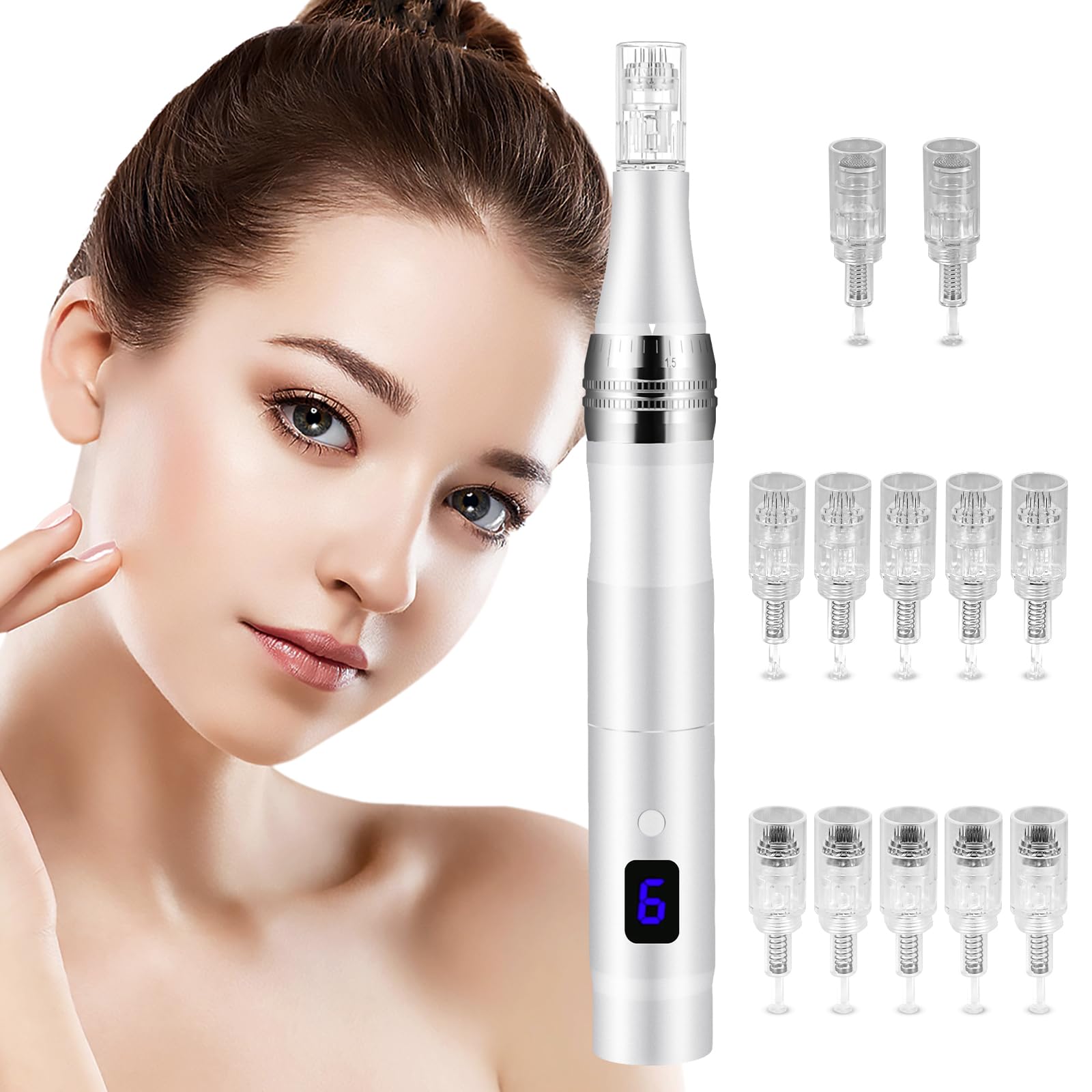 Vicloon Elektrisch Microneedling Pen, Elektrischer Dermapen mit LCD Bildschirm und 5 Stufen, Einstellbar 0-2,5mm Drahtloser Derma Pen, Microneedle Haut Reparatur Tool (inkl.12 Nadelpatronen)-Silber