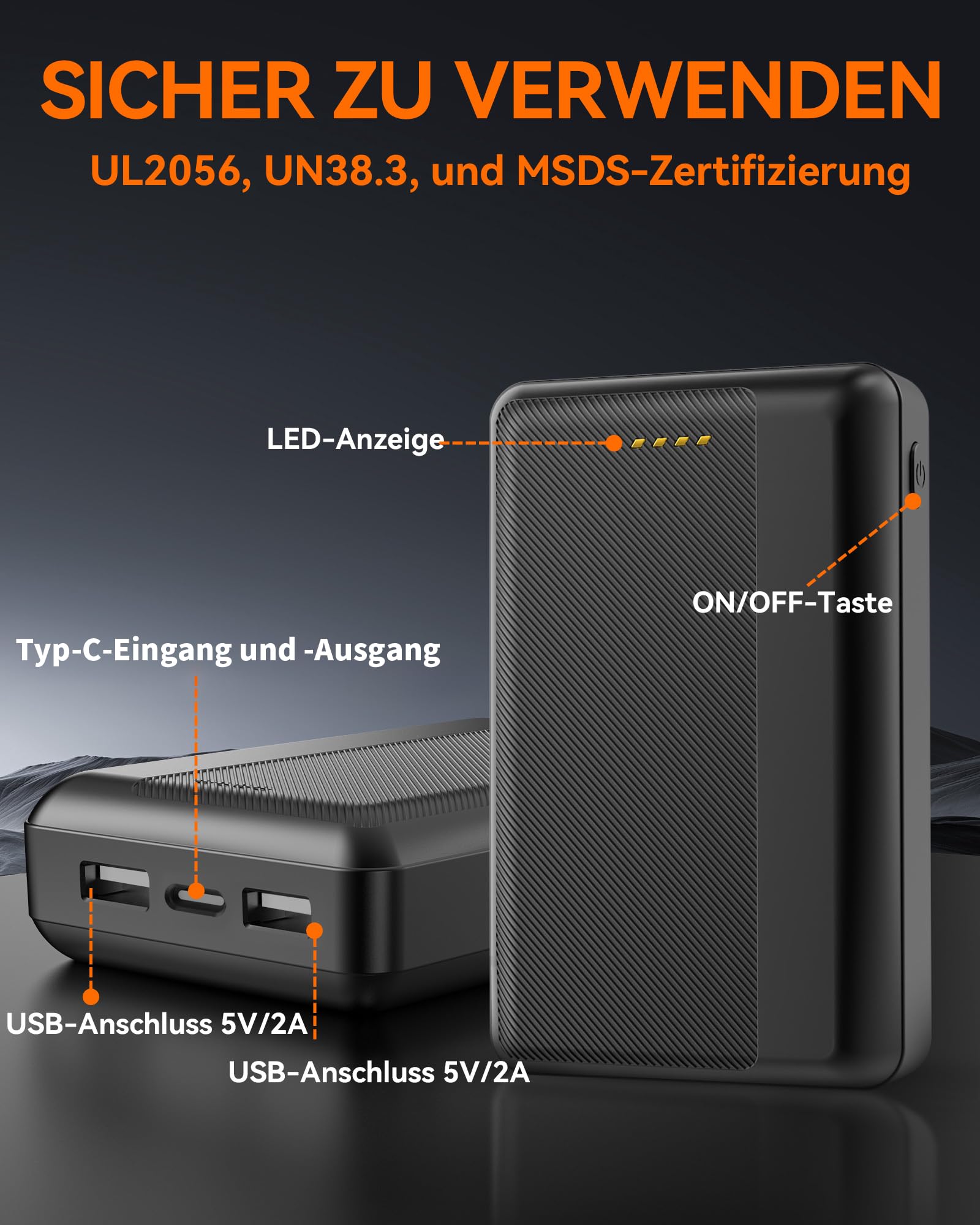 Batterie externe pour gilet chauffant - 5 V 2,4 A 20 000 mAh - Sortie USB