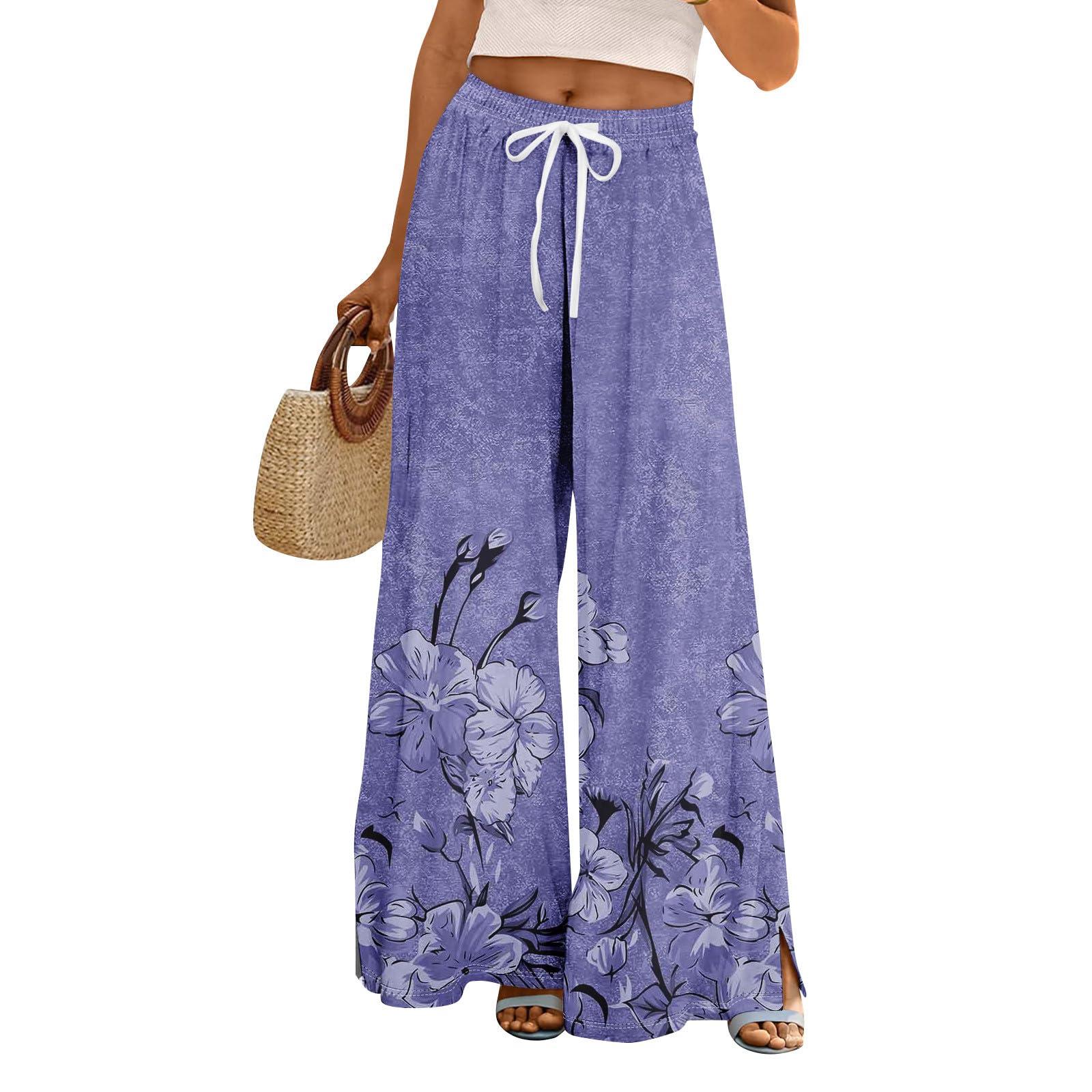 GOFULY Wide Leg Pants Women High Waisted Flowy Summer Pants Ethnic Floral Print Drawstring Elastic Waist Trouser with