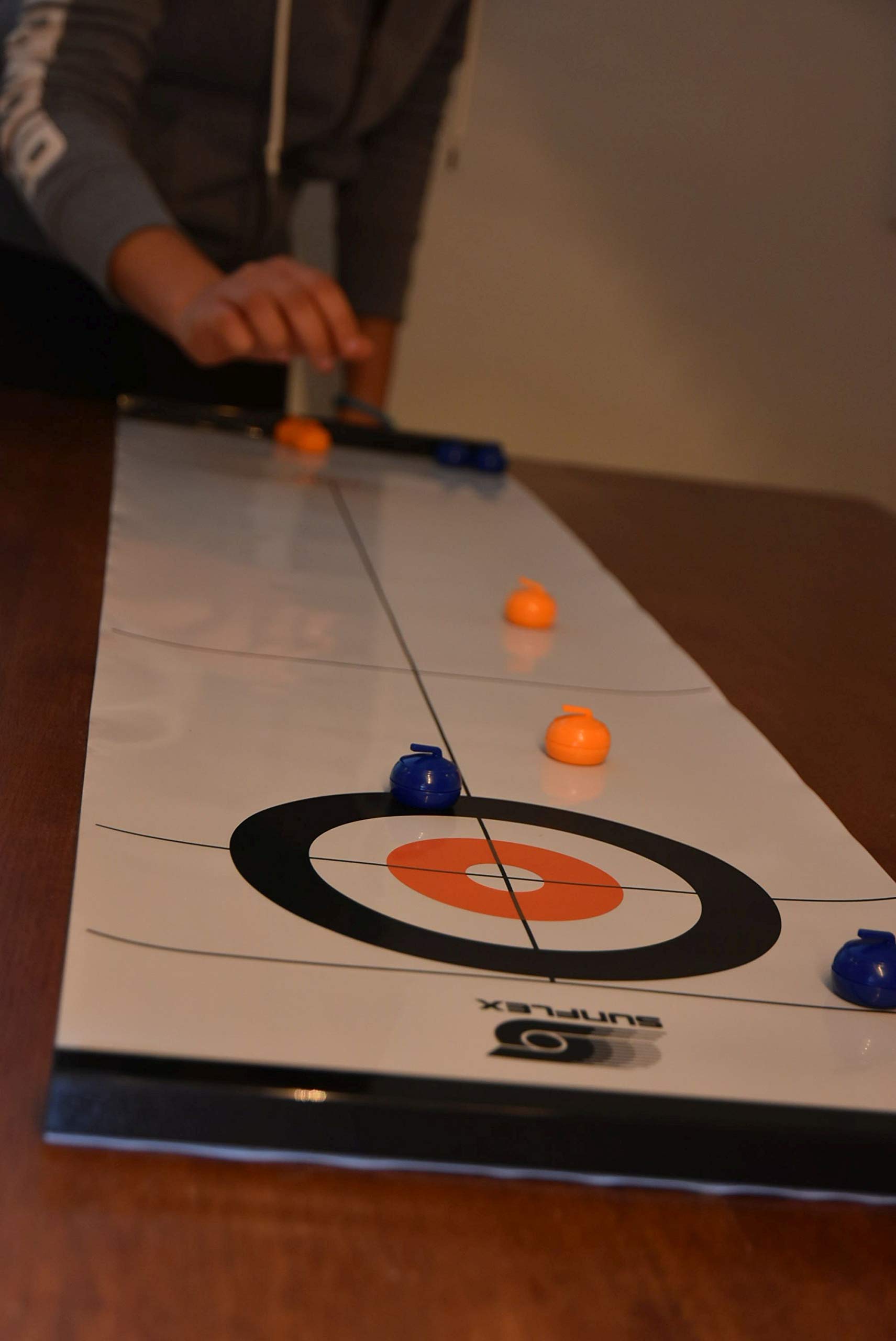 Sunflex Mini gioco da bowling da tavolo, mini gioco di bowling per tutte le età, bambini e adulti, portatile, include 6 perni, 2 dischi scorrevoli per palle da bowling e 1 tappetino liscio da 120 cm x
