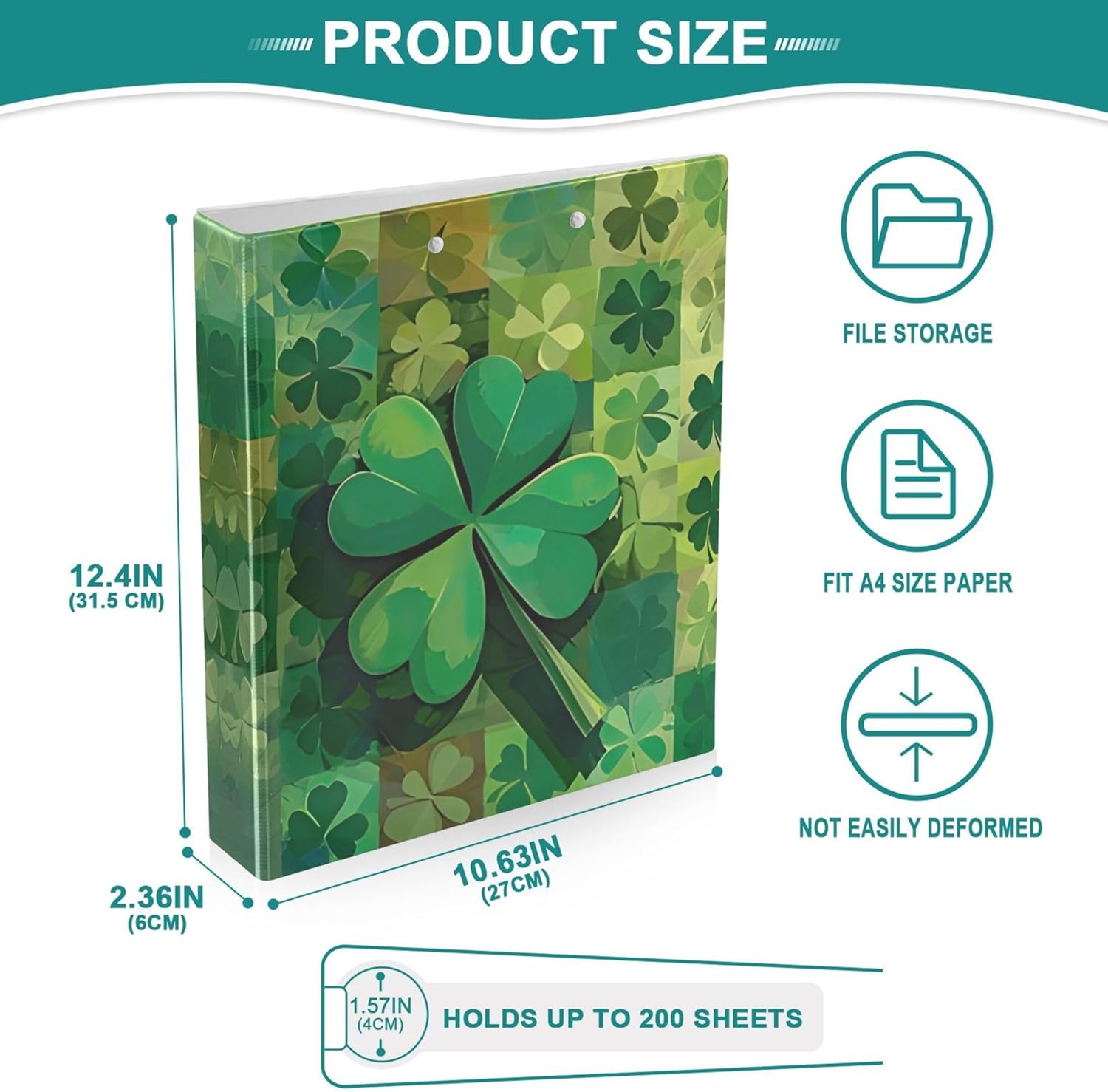 St. Patrick's Day Clover 3 Ring Binders, 1.5” Round Ring Binders with Clipboard - Letter Size, 3 Interior PVC Clear Pockets & Anti-Slip Clip for Office School Supplies, 2PCS