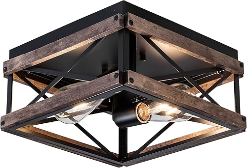 MAYNA Lámpara de techo industrial de 2 luces, lámpara de techo empotrada de granja de metal y madera, lámpara cuadrada de comedor para pasillo,