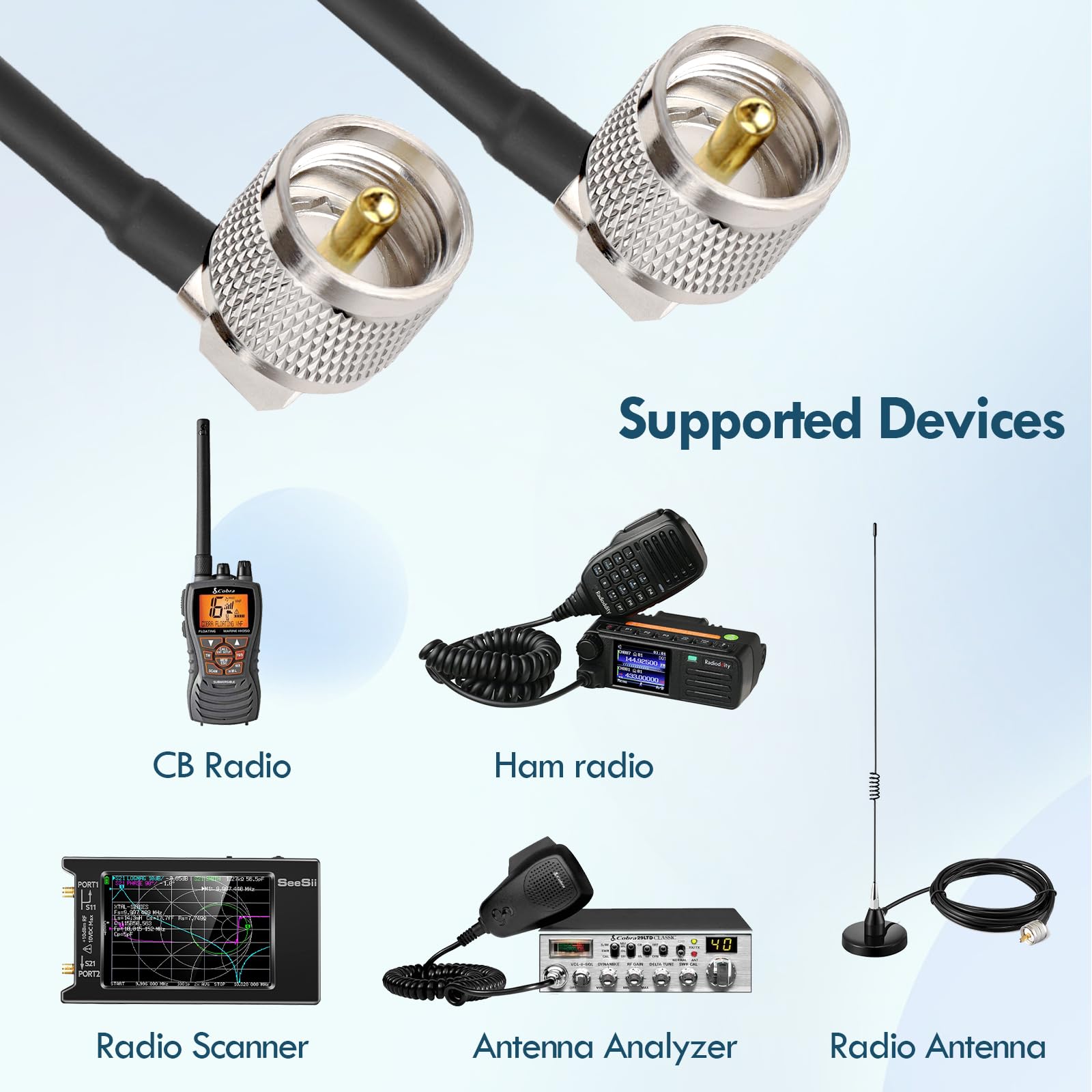 MOOKEERF Cable coaxial CB de 15 pies RG58 PL-259 UHF macho a macho, cable coaxial de ángulo recto, cable coaxial de baja pérdida Cb para radio CB, radio HAM, analizador de antena, medidor SWR