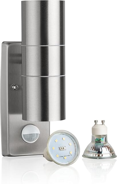 SEBSON® Outdoor Wall Lights with PIR Sensor, Outside Lighting Mains Powered, Stainless Steel, Up Down - incl. 2X LED Bulb GU10 3.5W Cool White 6500K