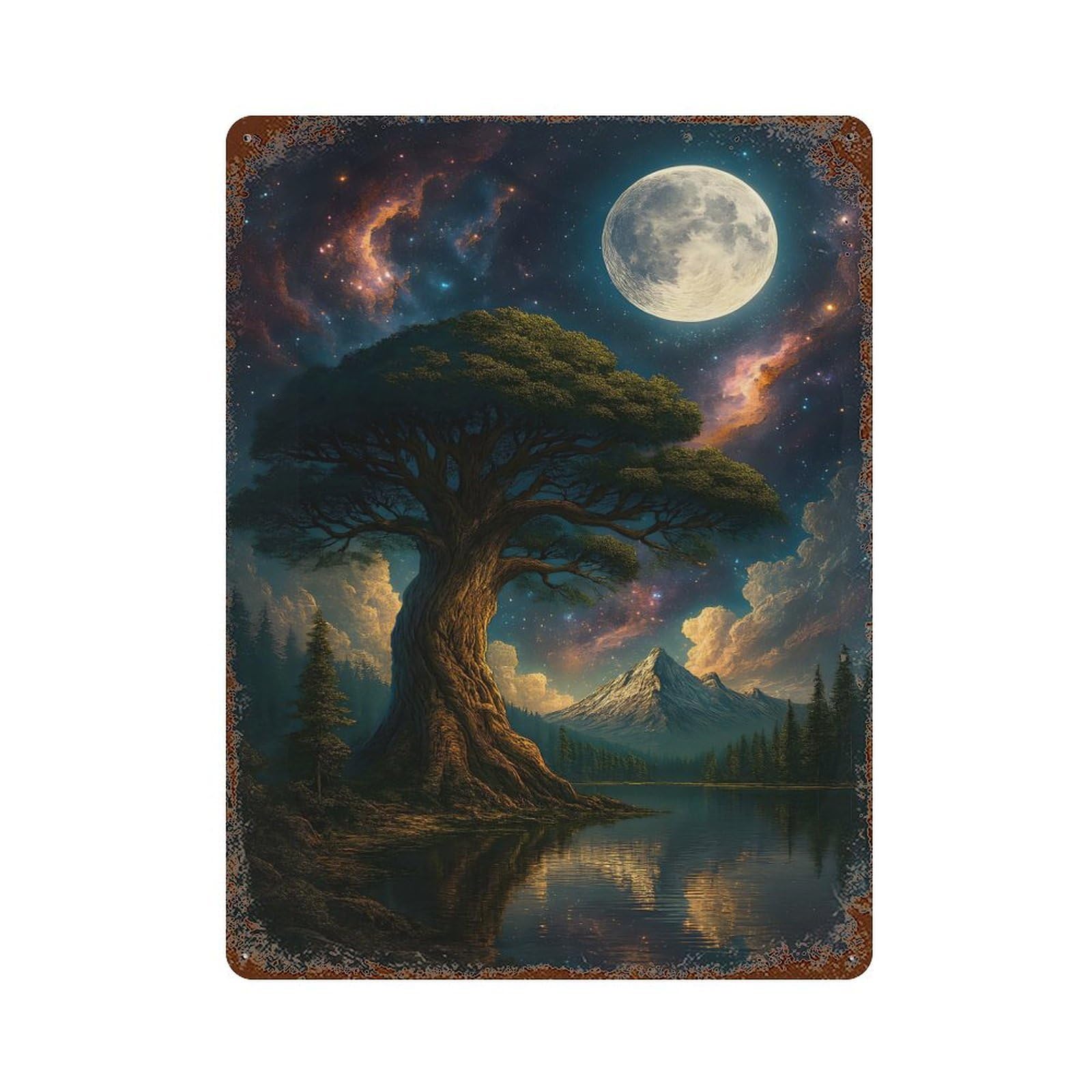 Garage Style Night Landscape with Tree And Moon Distressed Metal Wall Sign 15.7"x11.8", Novelty Wall Decor for Bar And Workshop