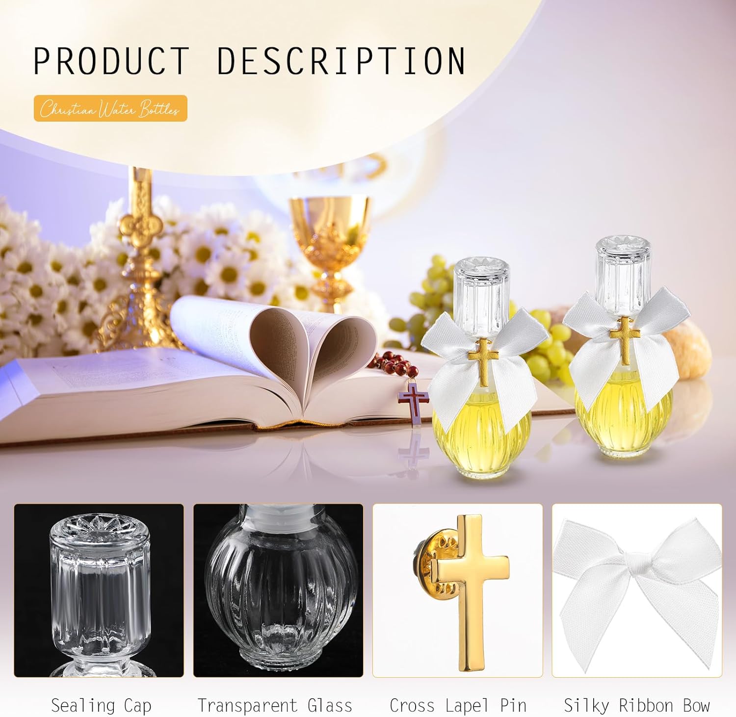 Chuangdi 20 Set Holy Catholic Water Bottles Bulk 50ml Christian Water Container Empty Glass Bottle with Cross Lapel Pin Organza Bag Ribbon Bow for Holy Communion Church Baptism Party Favor (Classic)