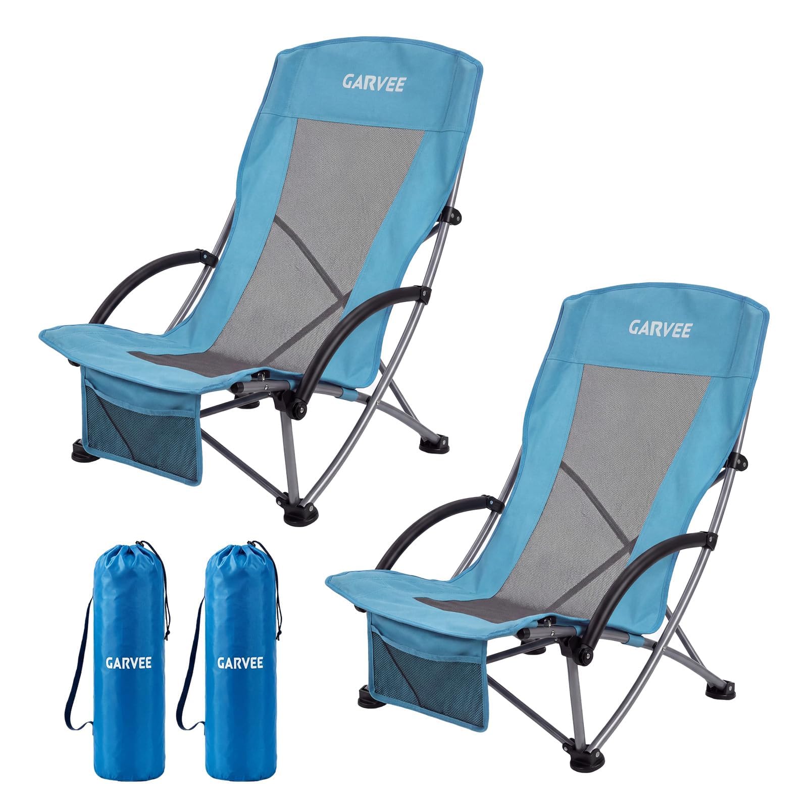 Garvee Set di 2 Sedie da Spiaggia Pieghevoli Leggere - Schienale Alto in Rete Traspirante - Braccioli Imbottiti, Portabicchieri, Tasca Portaoggetti - Struttura in Acciaio fino a 150kg