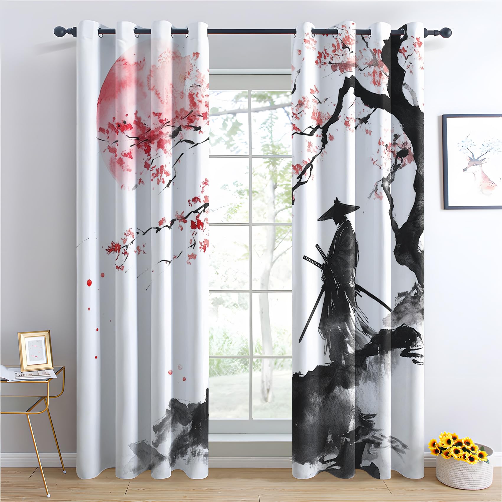 Rideau Occultant Japonais - Décoration Japonais, Rideau Thermique Motif Fleur de Cerisier Samouraï, Lot de 2 Rideaux Opaque à Oeillets pour Fenetre Chambre Salon, 140x240 cm (LxH)