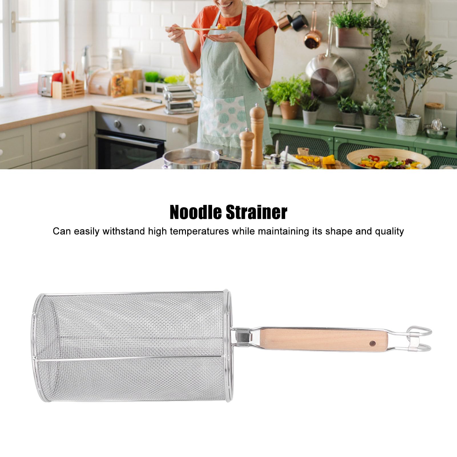 Cestello Per Colino Per Pasta, Colino Per Noodle a Maglia Fine con Manico in Legno in Acciaio Inossidabile Per Ramen da Cucina del Ristorante