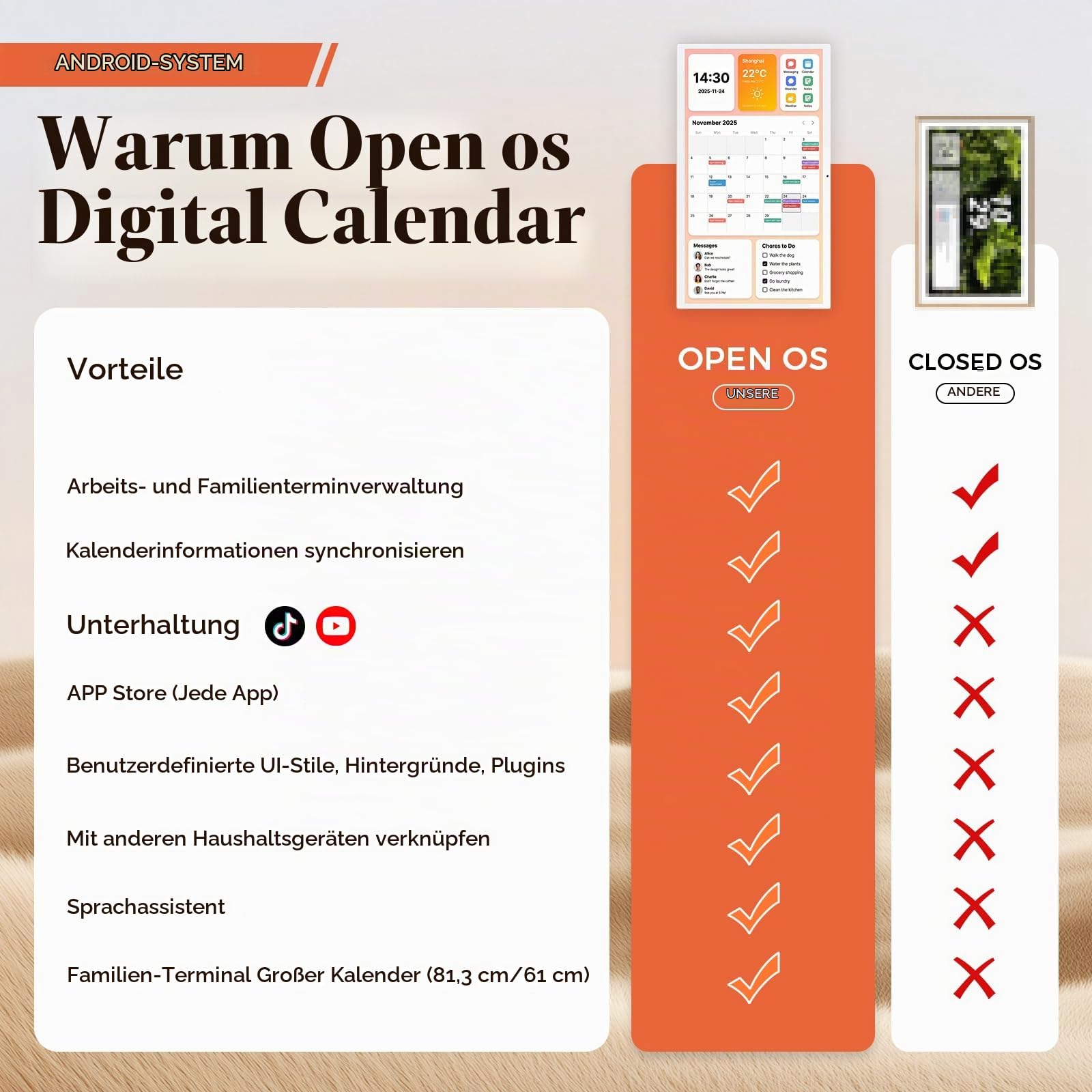 MWE Touchcreen Elektronischer Wandkalender, Digitaler Kalender Wand, 8+128 GB, WiFi-Unterstützung, Ideal für die Anzeige von Bildern, Daten, Wetter, Terminplanung (21.5 Zoll)