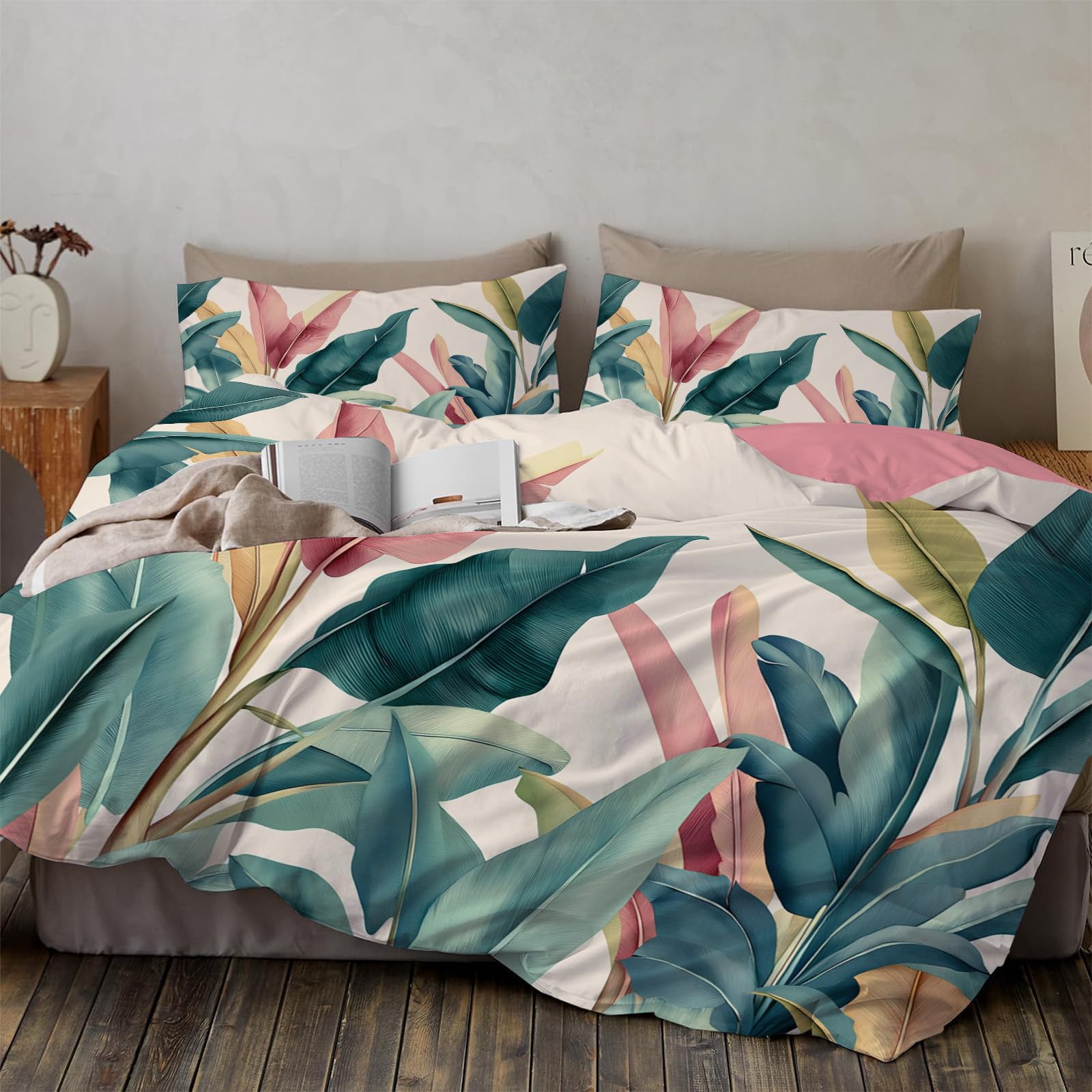 Parure de lit palmiers colorés housse de couette 240x260 gris bleu doux