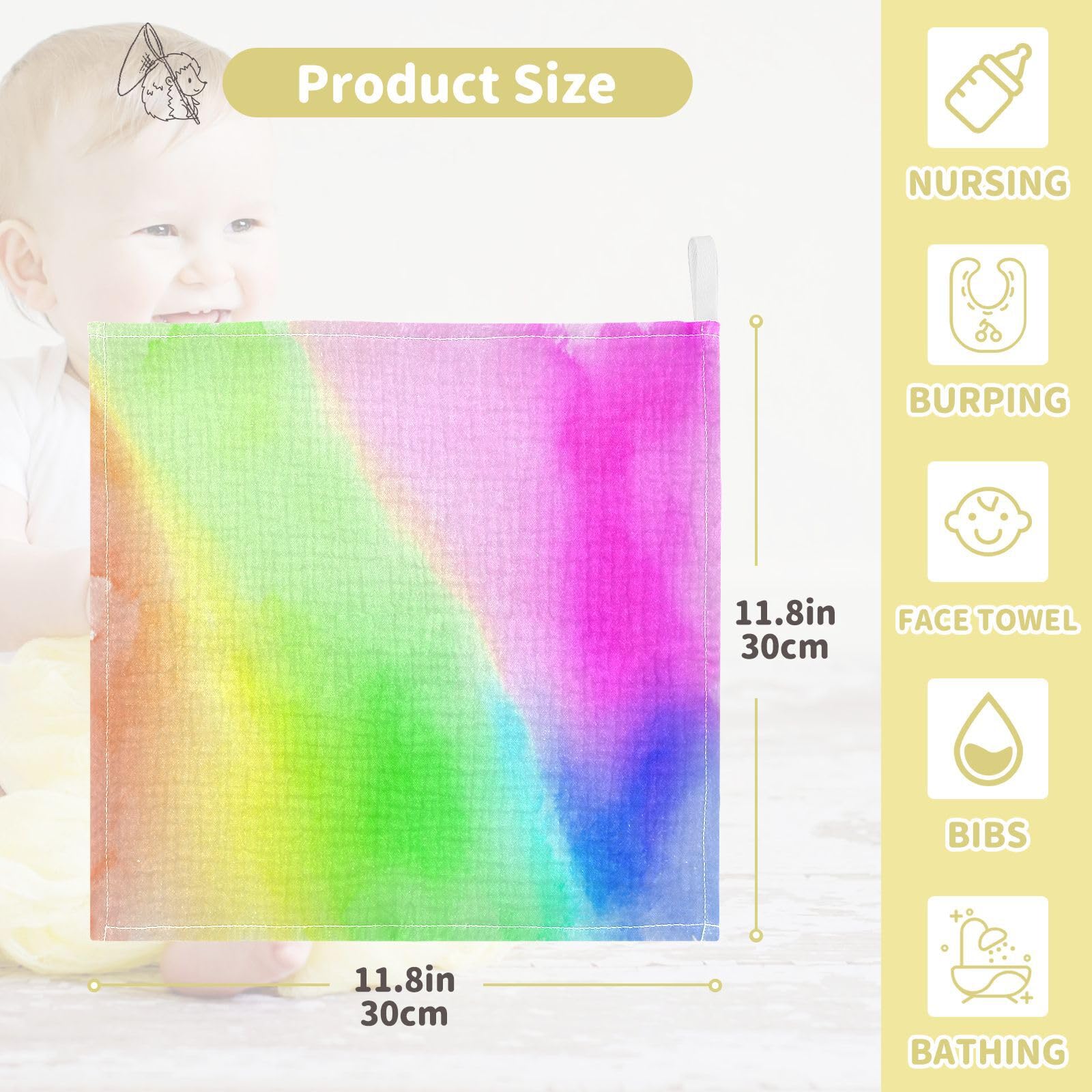 Kigai Beautiful Rainbow Colors Baby Washcloths,5pcs Ultra Soft Absorbent Towel,Newborn Bath Face Towel, Natural Reusable Baby Wipes for Sensitive Skin, Baby Registry as Shower