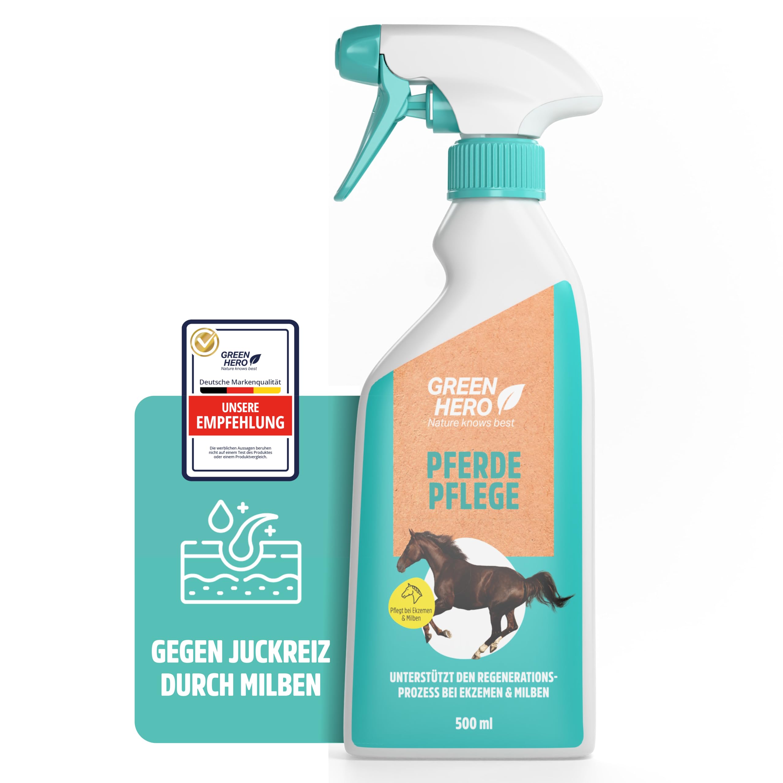 Green Hero Pferdepflege gegen Juckreiz durch Milben & Sommerekzem - 100% natürliches Pflegespray für Pferde - unterstützt den Regenerationsprozess der Haut bei Räude, Hefepilzen & Reizungen, 500 ml