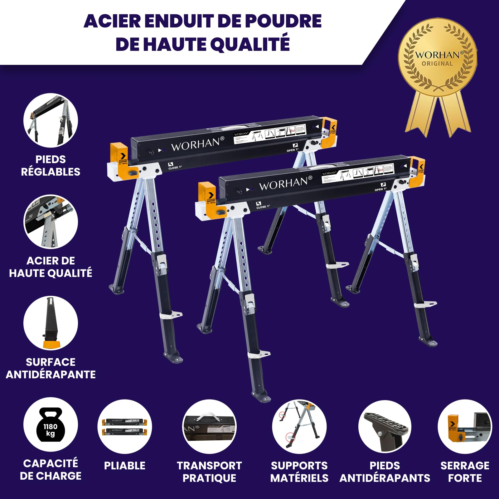 Tréteaux Paire Robuste Stable (set de 2) Pieds Antidérapants Ajustables Réglage Rapide Chavalet Sciage Pliants Etablis Acier Galvanisé S600A