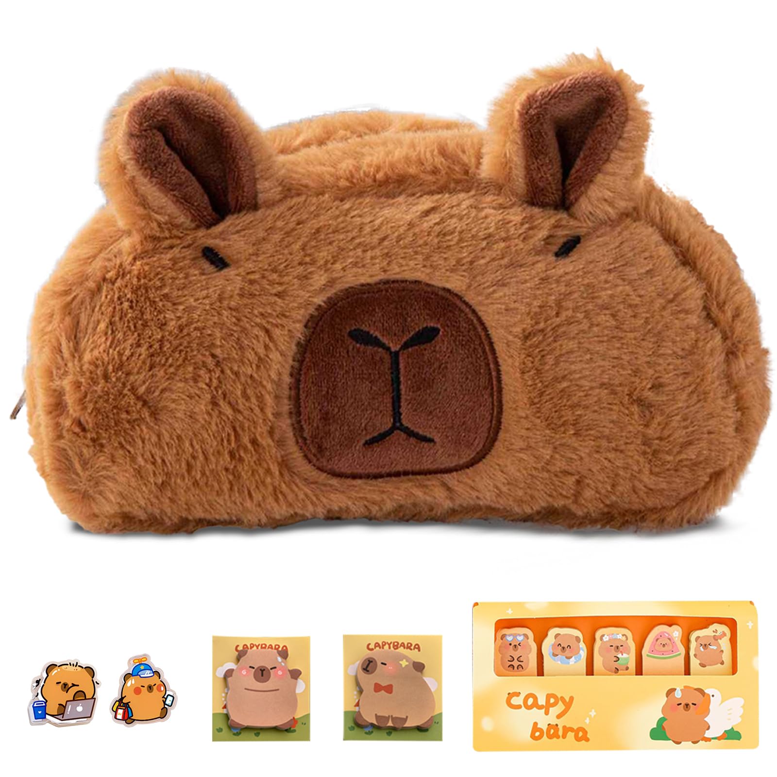 FOSDICK Capybara Pencil Case, Pencil Cases, Cute Capybara Plush Pencilcase, Capybara Stationery Set Index Tabs Sticky Notes Brooch, Kawaii Pencil Pouch with Zipper, for Girls Boys Student Teenage
