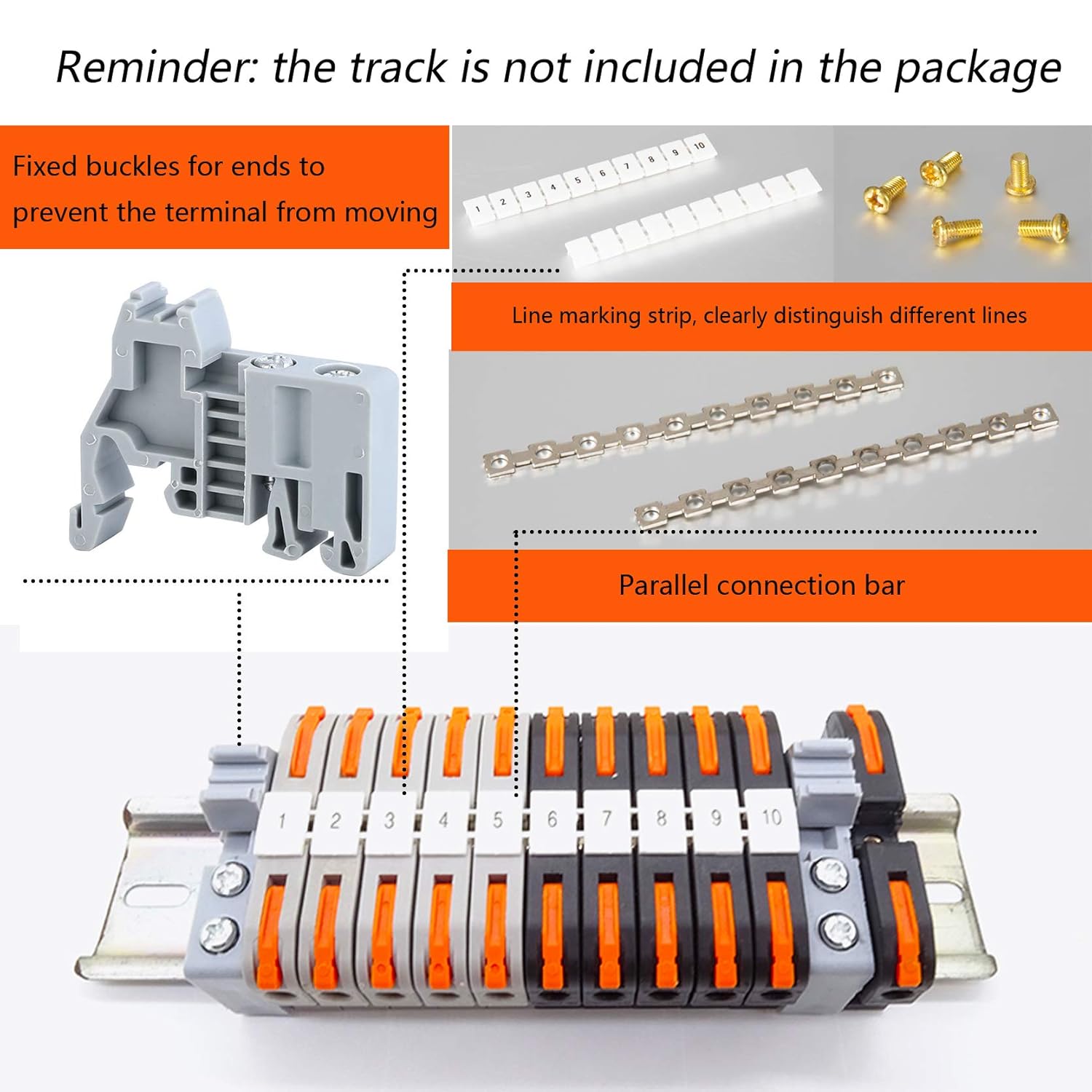 DIN Rail Terminal Blocks Kit, with 20pcs Universal Compact Connectors, 2pcs Connection Bar, 2pcs Marker Strip, 2pcs DIN Rail Terminal End Block, 20pcs Screws, with Transparent Storage Box, 28-12 AWG