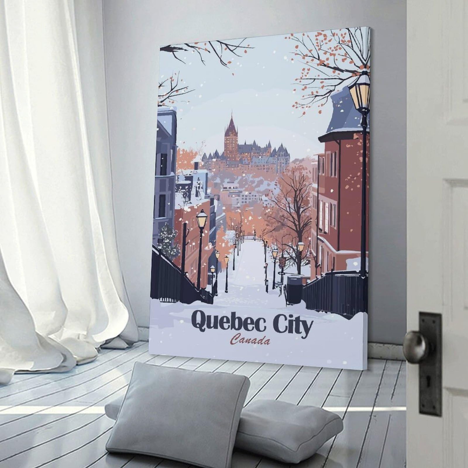 Junmoney Canvas Wall Decor Quebec City Winter Scene Illustration, 24x36inch(60x90cm), for Restful Interiors, Bedrooms Or Small Rooms, Canvas Wall Decor for Personal Spaces
