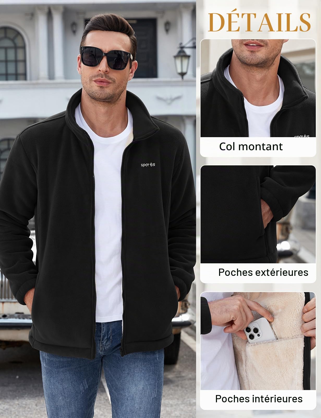 Nadeer Veste Polaire pour homme Hiver Chaud Casual Coupe-Vent Blousons Zippée Outdoor Jacket sans Capuche avec Poches