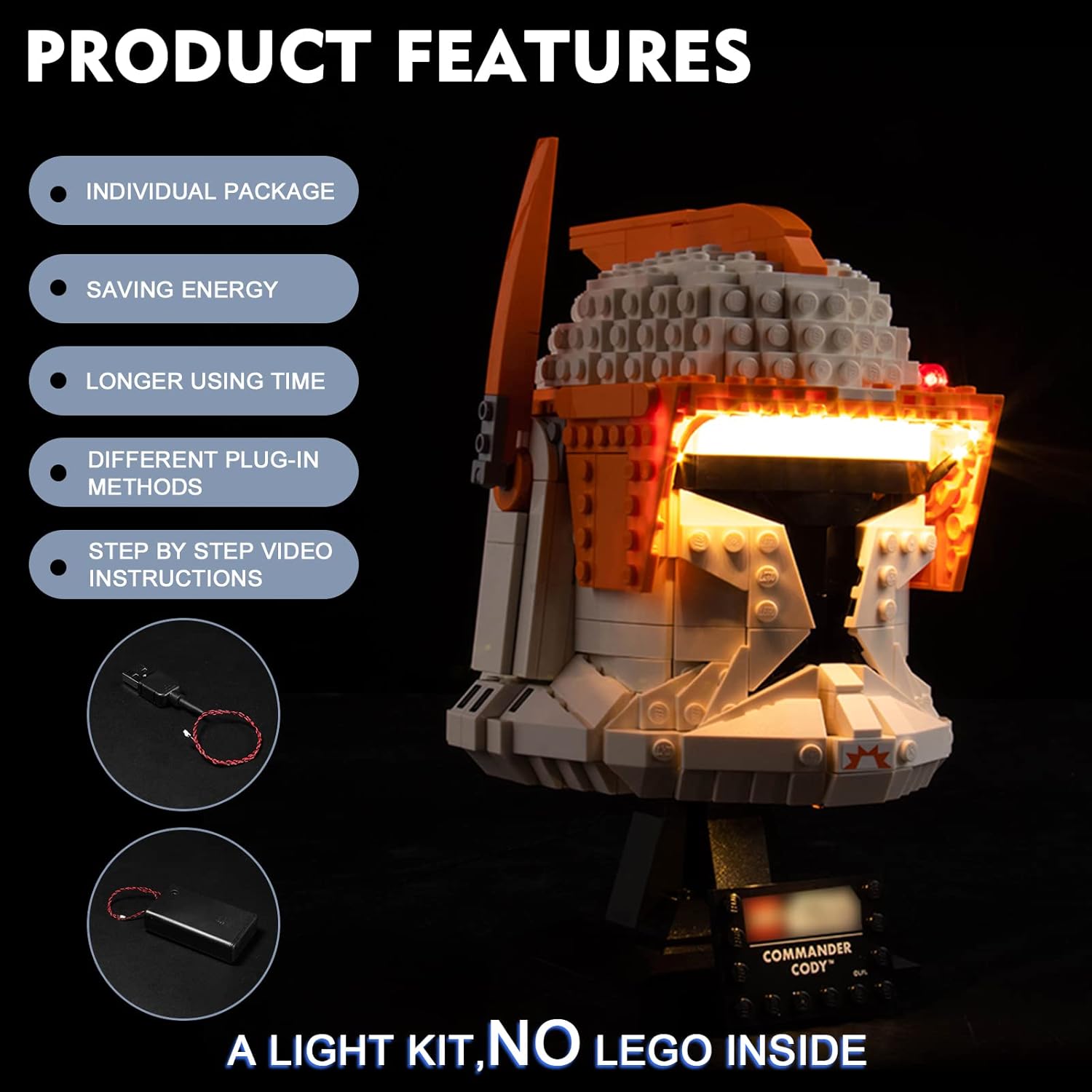 BrickBling LED Light Compatible with Lego Clone Commander Cody Helmet 75350 (Lights Only), New 2023 Lighting Compatible with Lego Helmet- Light up Your Model