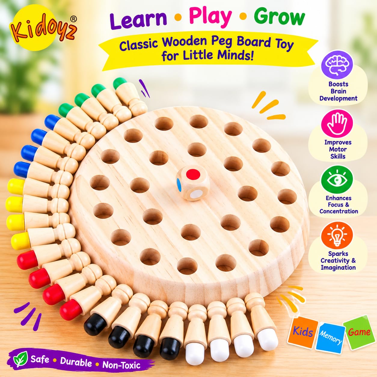 Kidoyz Wooden Memory Chess Game for Kids | Memory Match Stick Board Game with Colour Dice | Brain Training & Concentration Game for 4 5 6 7 8 Year Old Boys Girls | Family Board Game Gift 2