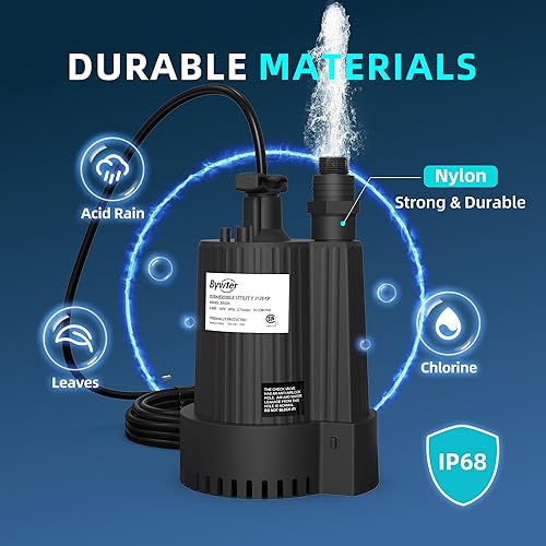 Miniatura 5 de Bomba de agua sumergible de 16 HP, bomba de sumidero de 1500 GPH con carcasa termoplástica, bomba de agua eléctrica portátil de 115 V con cable de