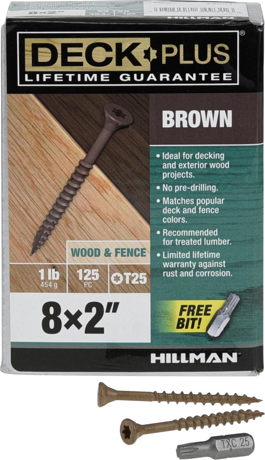 Deck Plus 49004 Exterior Wood Screws, #8 x 2, 4-Layer Epoxy Coated, Torx/Star Drive Included, Coarse Thread, Decking Screws, Outdoor Rust Resistant, Brown, 125pcs