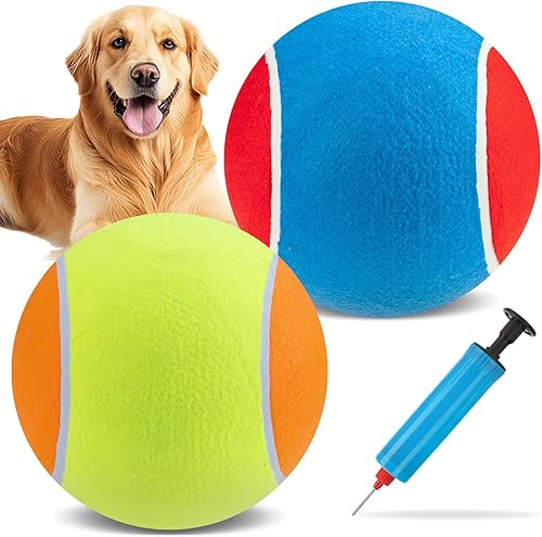 EXPAWLORER Pelotas de tenis gigantes para perros, 2 pelotas de juguete para perros grandes de 9.5 pulgadas, cumpleaños de perro, pelota de tenis