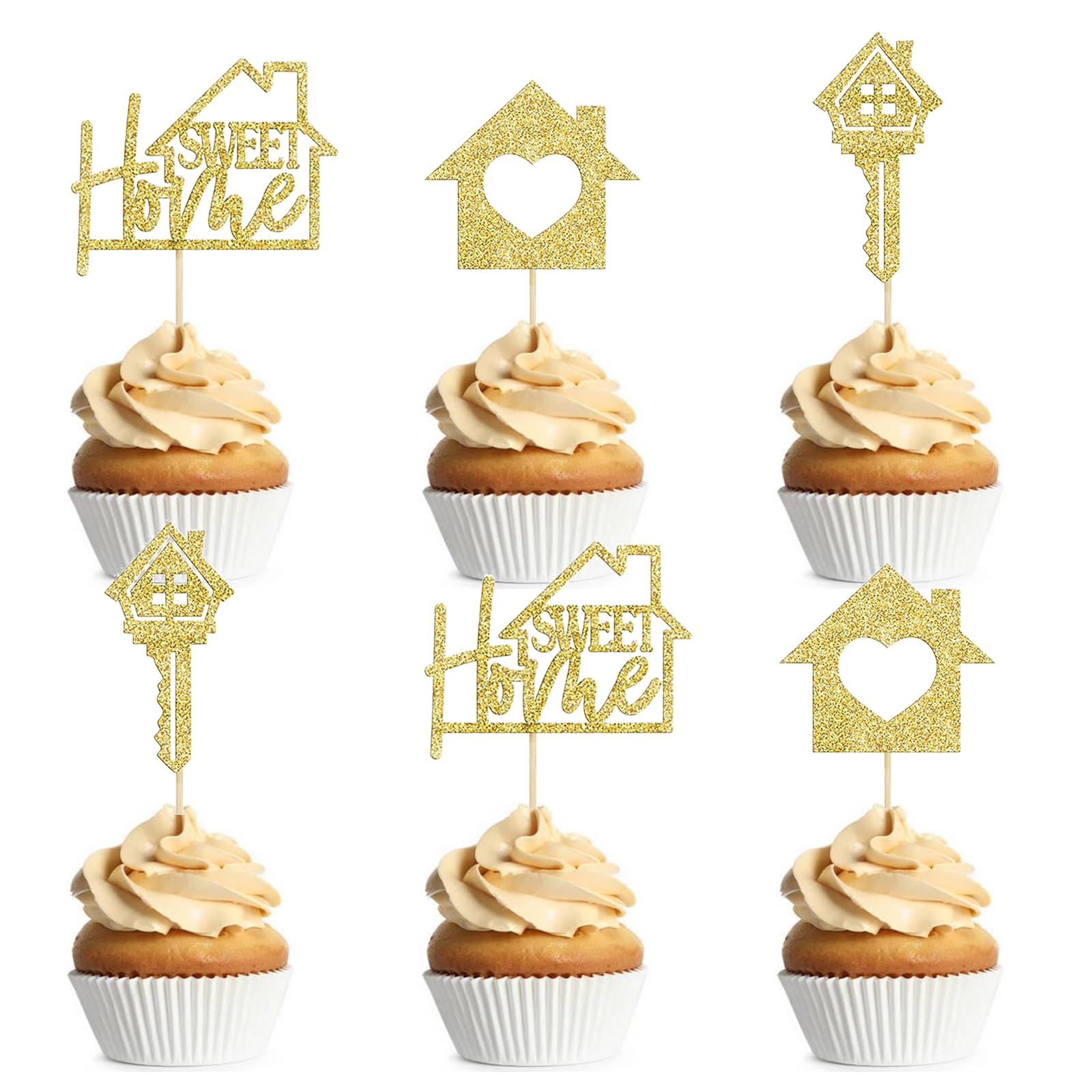 24PCS Sweet Home Cupcake Toppers Glitter Key Housewarming Cake Topper Decoration for Welcome New Home Theme Party Housewarming Party Supplies