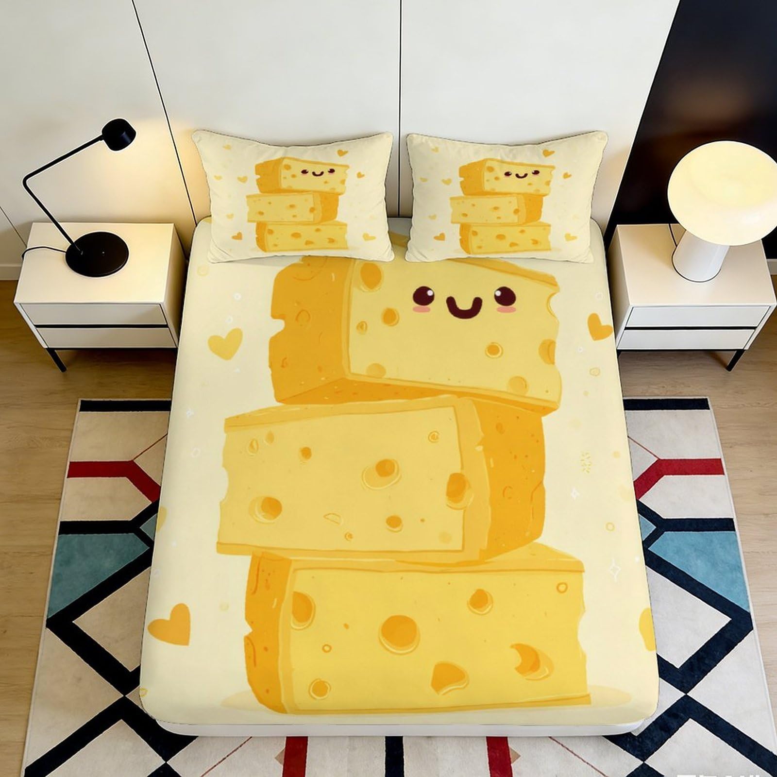 3D Printed Cartoon Cheese Fitted Sheet Microfiber Soft Yellow Illustration Bed Cover for Bedroom Dorm Room Decor 90x200x25cm