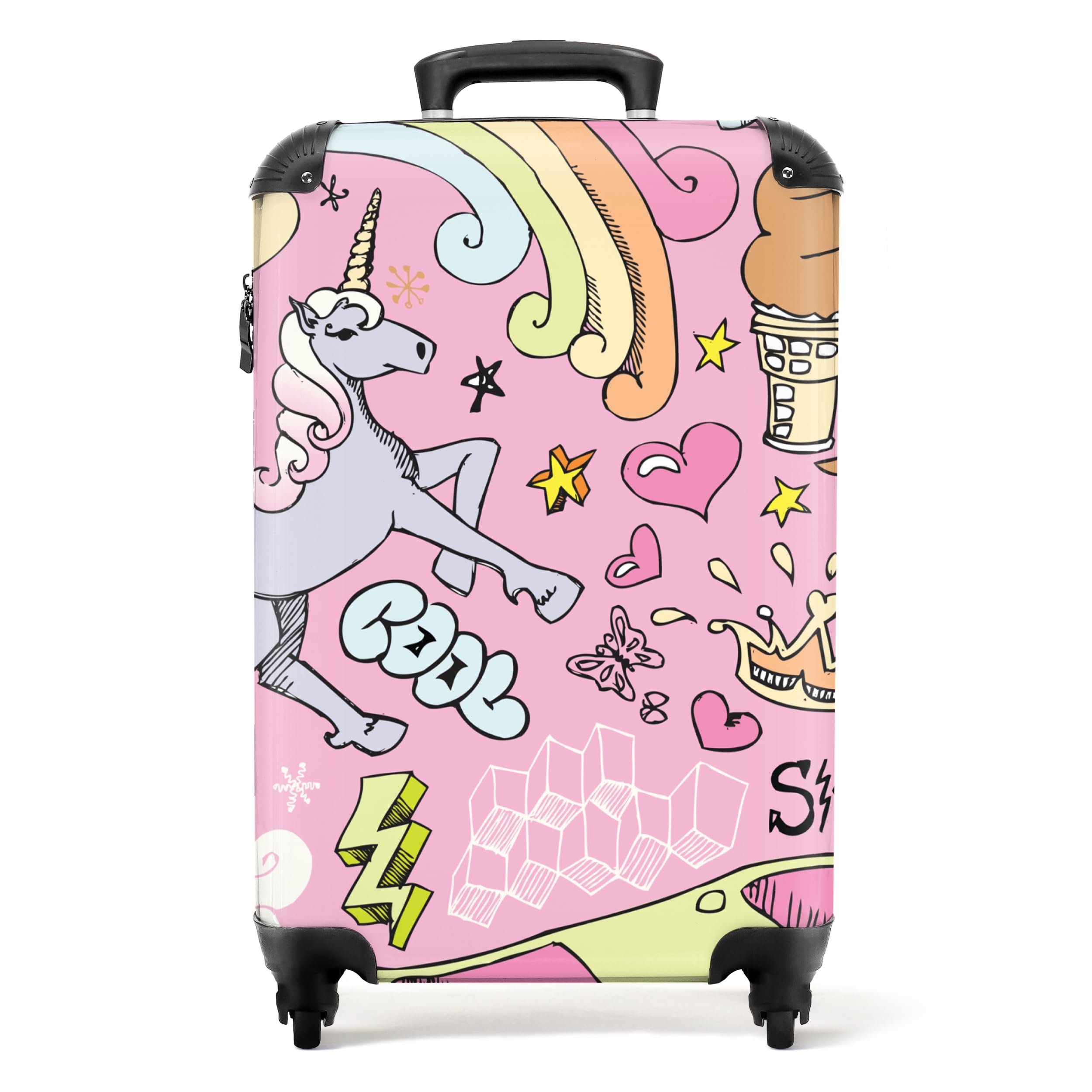 NoBoringSuitcases.com Bagage Enfant, Valise Cabine Fille, Valise Roulette Rose, Dessin de Licorne - 55x35x25cm