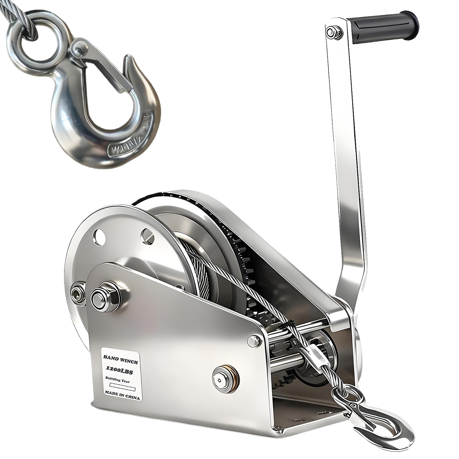 Cabrestante manual 1200lb | Cable de acero inoxidable | Polipasto manual con freno automático | Relación de transmisión 4:1 | Cabrestante de Remolque para barco, trailer, caza, uso pesado (1)
