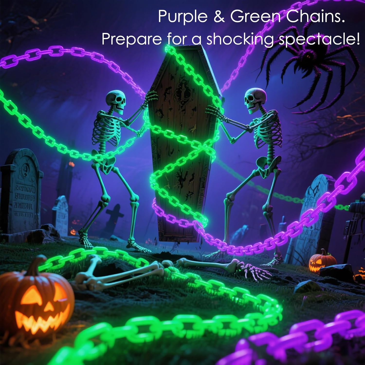 Catene verdi da 3 m a batteria, luci di Halloween, decorazioni di Halloween per esterni e interni, 8 modalità di illuminazione con timer per feste, casa infestata, scheletro, cane, raccapricciante