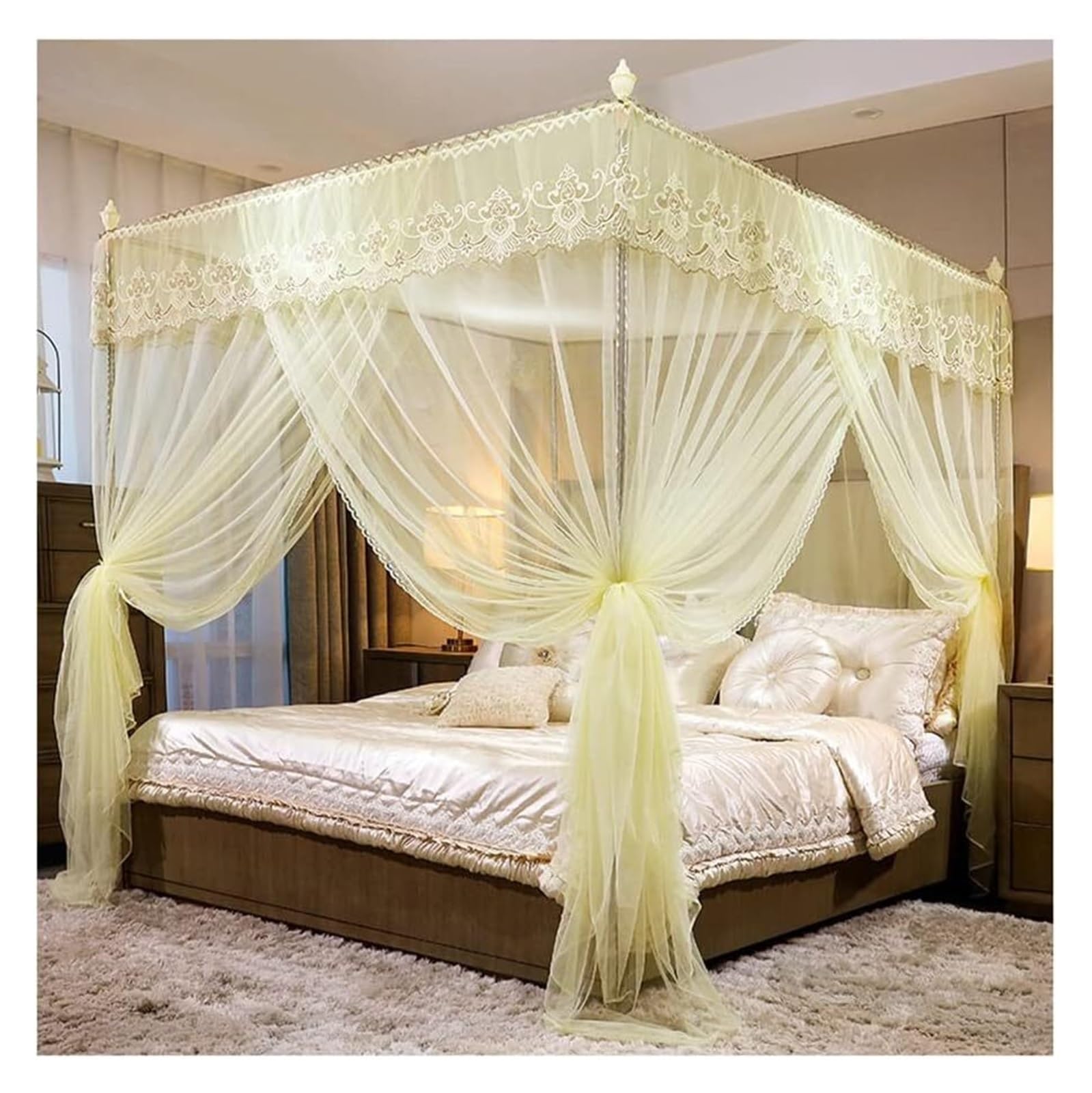 LGTDF35 DETPWVWB 4 Corner Post Bed Canopy Mosquito Net - Romantic Lace Embroidered Bed Curtain for Princess Room Decor(Pink,150X200cm/59X79in)(Yellow,200X220cm/79X87in)