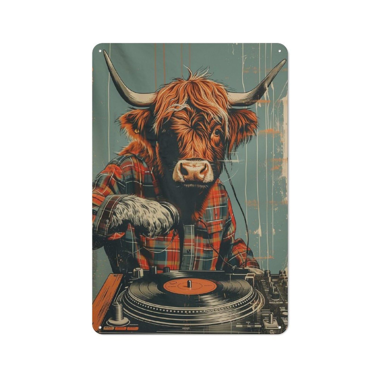 Junmoney Style-22 Metal Plaque With Highland Cow Disk Jockey Design 30X20cm, Country Style Cafe Wall Decor For Bakery, Diner, Cafe Or Family Room