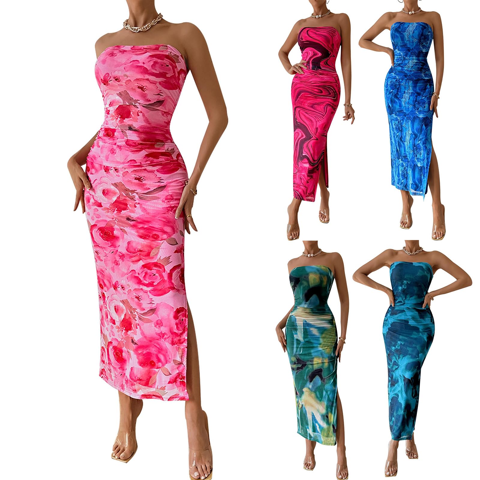 Women's 2024 Summer Maxi Bodycon Dresses Boho Strapless Tube Top Printed Long Party Club Casual Business Slit Dress