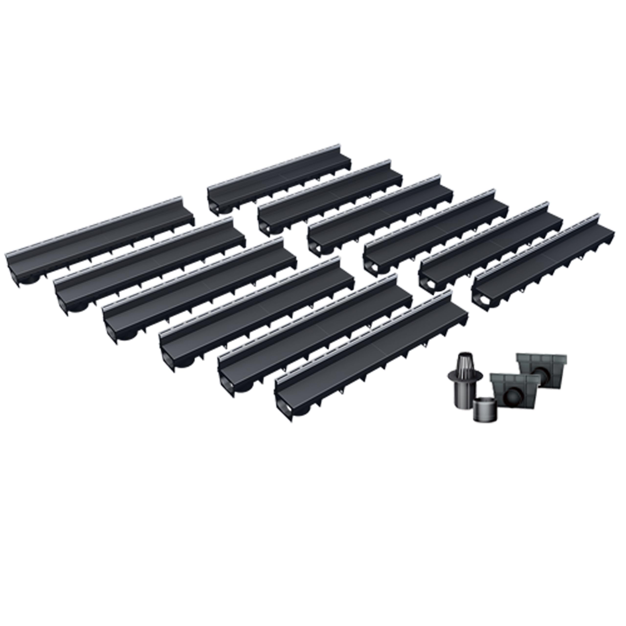 Pack de 12 Caniveaux Extérieurs MEAPARK – Grille à Fente en PP Recyclé + Profil E-​Blade S en Inox – Drainage Terrasse, Piscine, Jardin – Classe A15 Piéton – Largeur utile 10 cm
