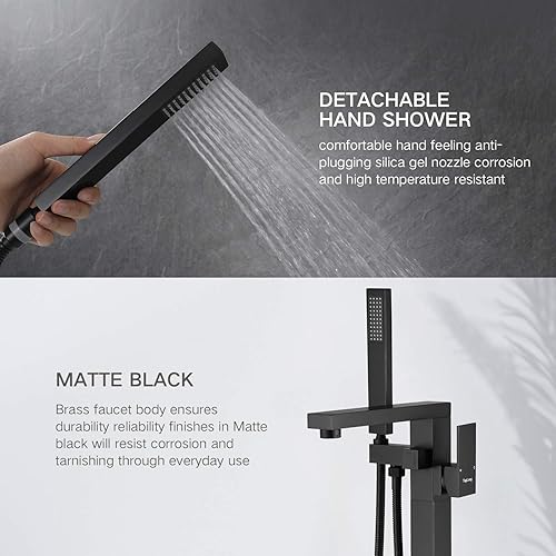 Miniatura 10 de TapLong Freestanding Bathtub Faucet Tub Waterfall Filler Floor Mount Bathroom Faucets Brass Single Handle with Hand Shower High Flow Rate Max 6 GPM