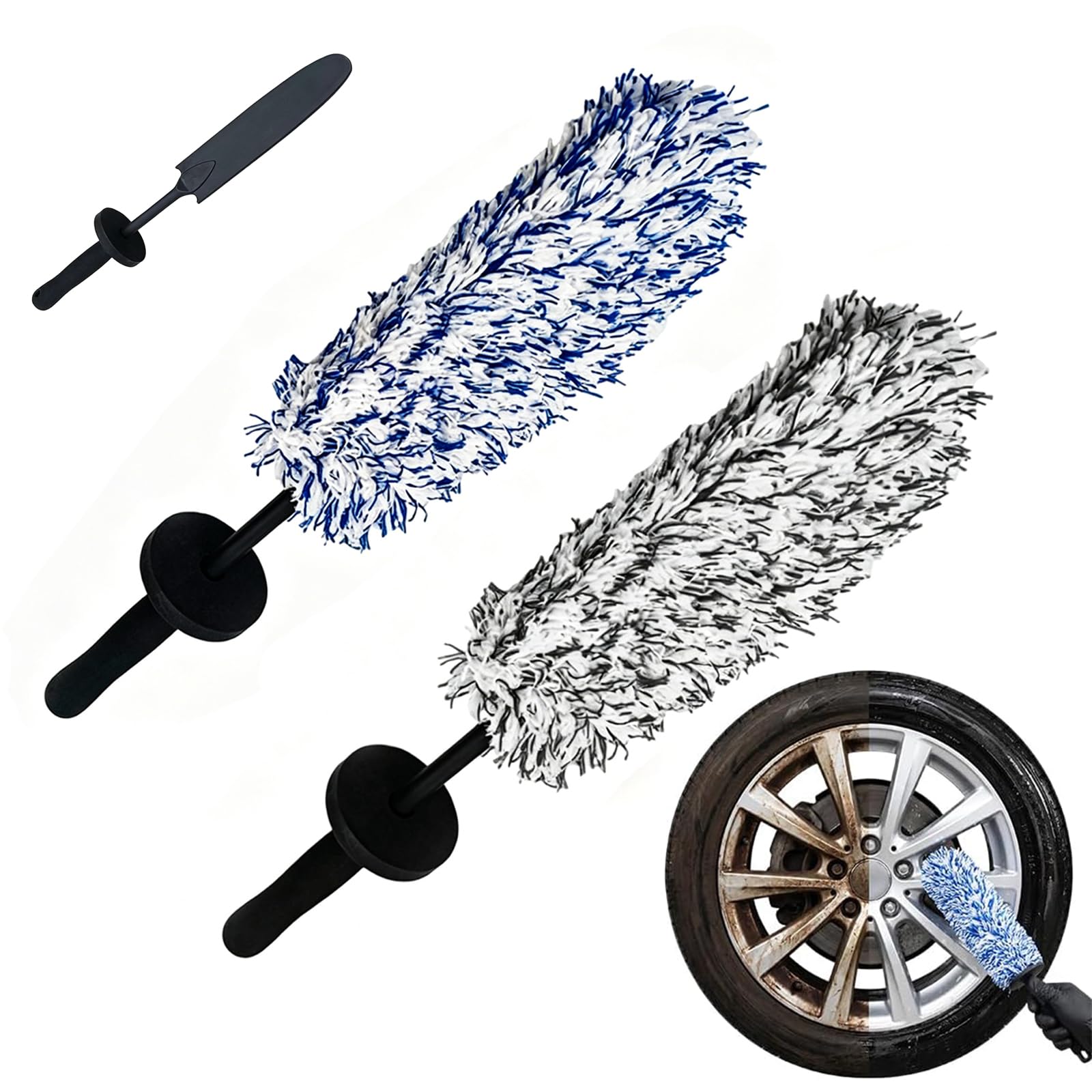 Lztet Black + Blue Wheel Barrel Brush Large,Long Handle Microfiber Wheel Cleaner Brush,Non-Scratch Highly Absorbent Rim And Tire Duster,Reusable,Multipurpose Car Detailing Duster,Ergonomic Handle For Car Detailing(Black