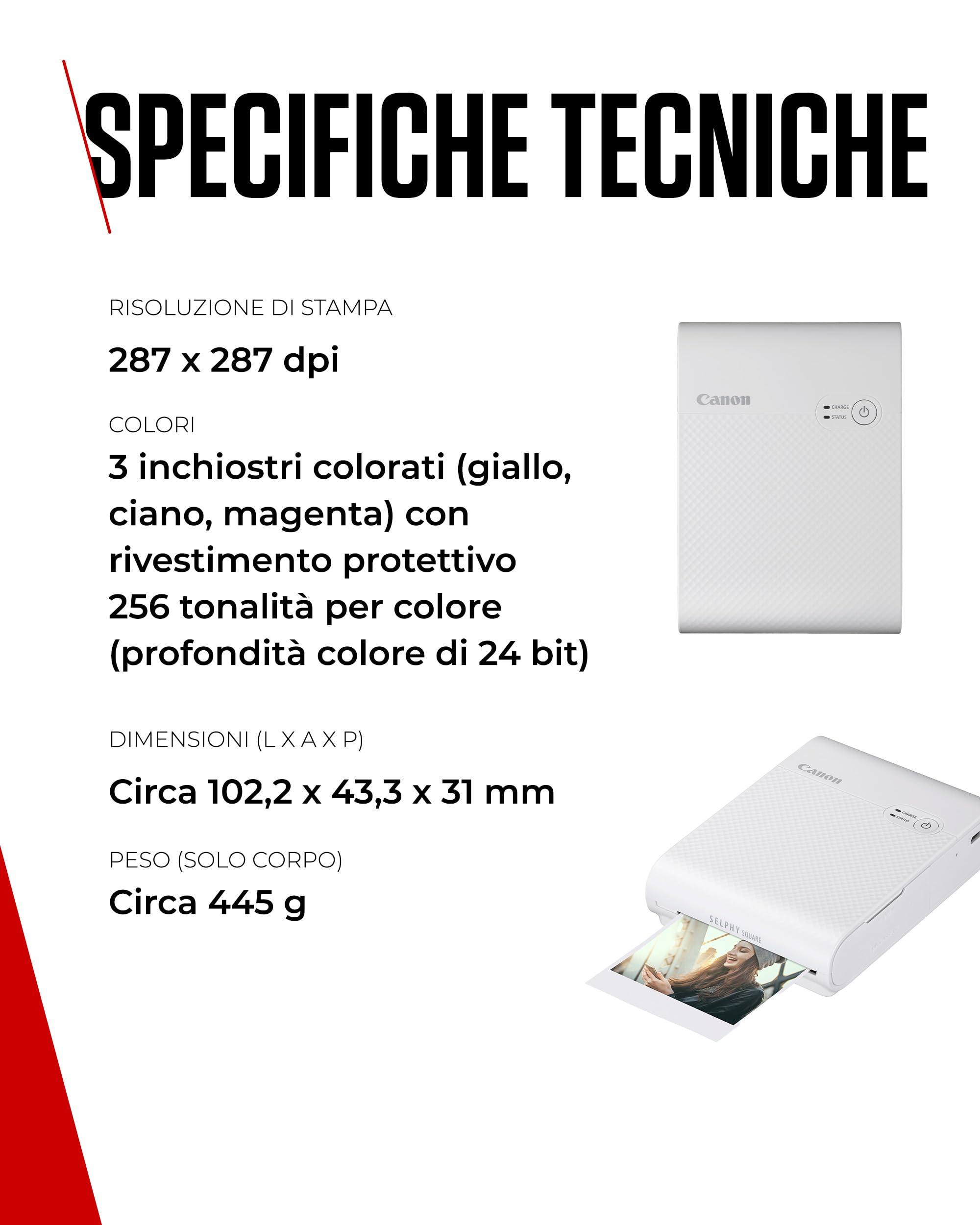Canon SELPHY SQUARE QX10 Stampante Fotografica Portatile Wi-Fi - Stampe di Alta Qualità, Modalità Creative - Mini Stampante Portatile per Scrapbook e Album Fotografici, Bianco