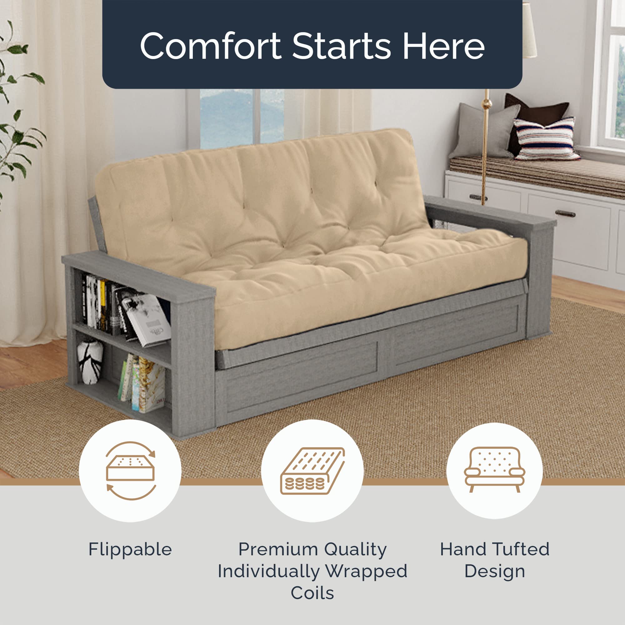 Loosh Home | 10" Full Size Futon Sofa Bed Pocket Coil Foam Mattress - USA Made, Beige, No Frame
