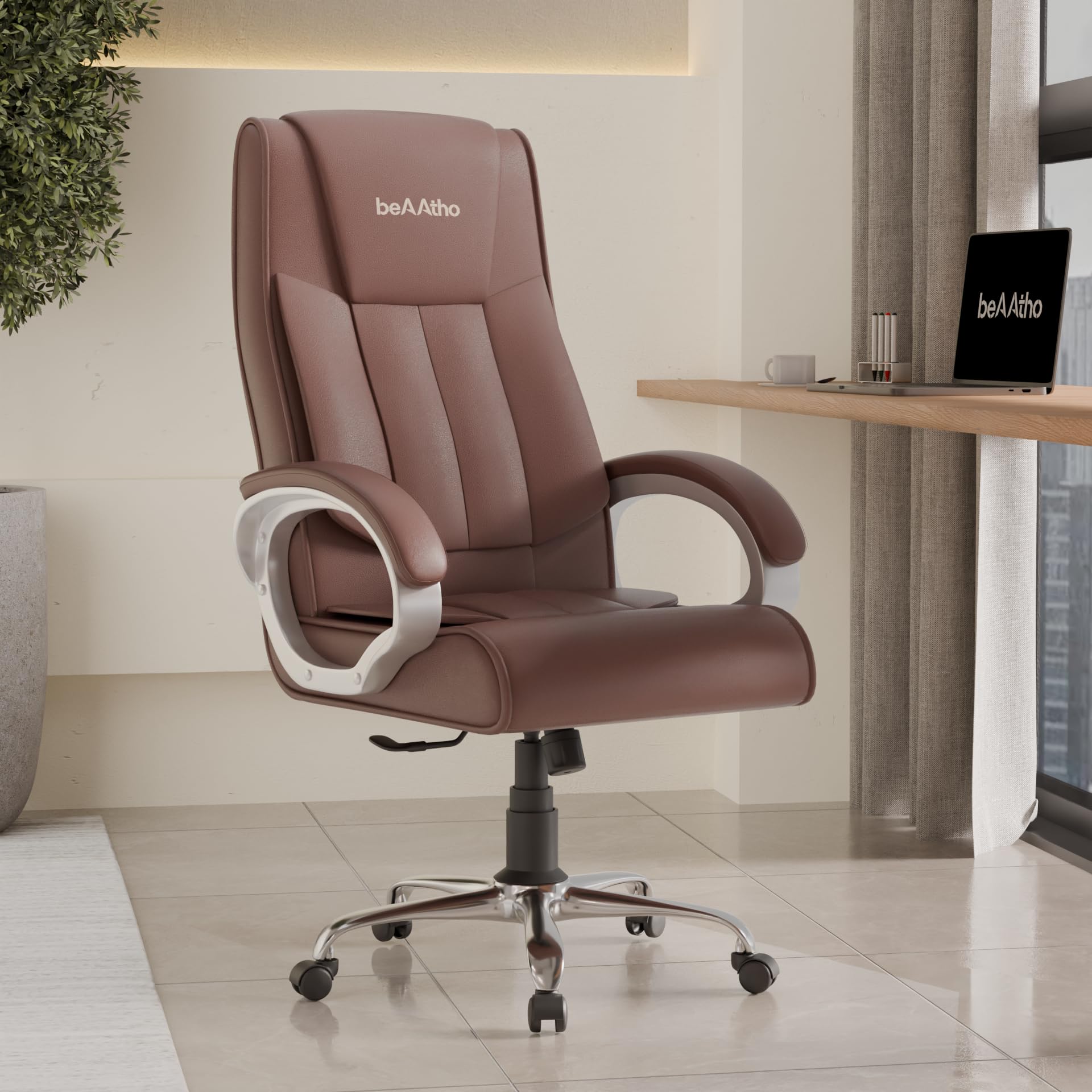 beAAtho® Berlin Orthopedic Boss Chair with 3-Years Warranty by beAAtho, Leatherette Executive Office Chair Ergonomic High- Back Chair-Cushioned Seat & Armrests, Metal Base. (Leatherette Brown)-image-35
