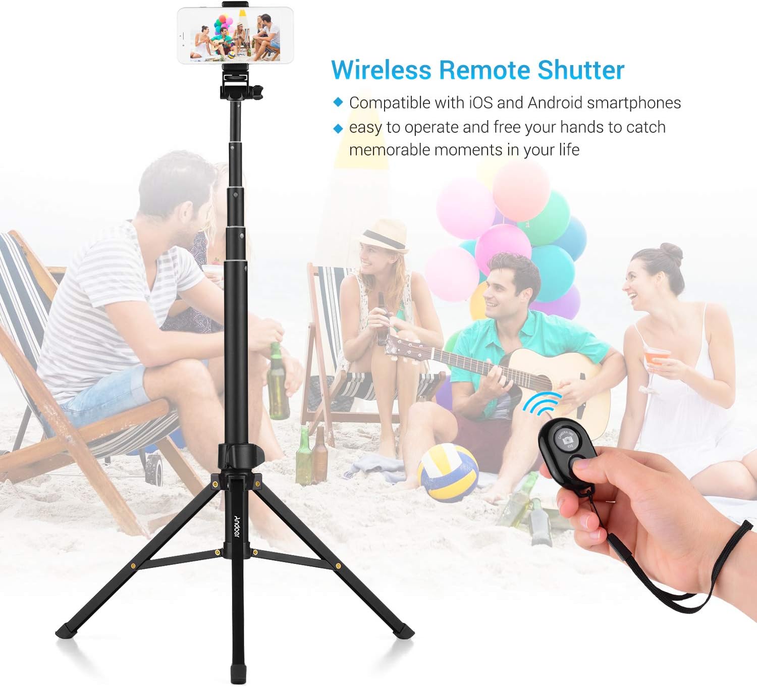Andoer Selfie Stick Tripod 1.5m/59in Tripod Stand + Extendable Selfie Stick Aluminum Alloy with Phone Holder Remote Shutter Compatible with iPhone Android Phones Stand for LED Ring Light