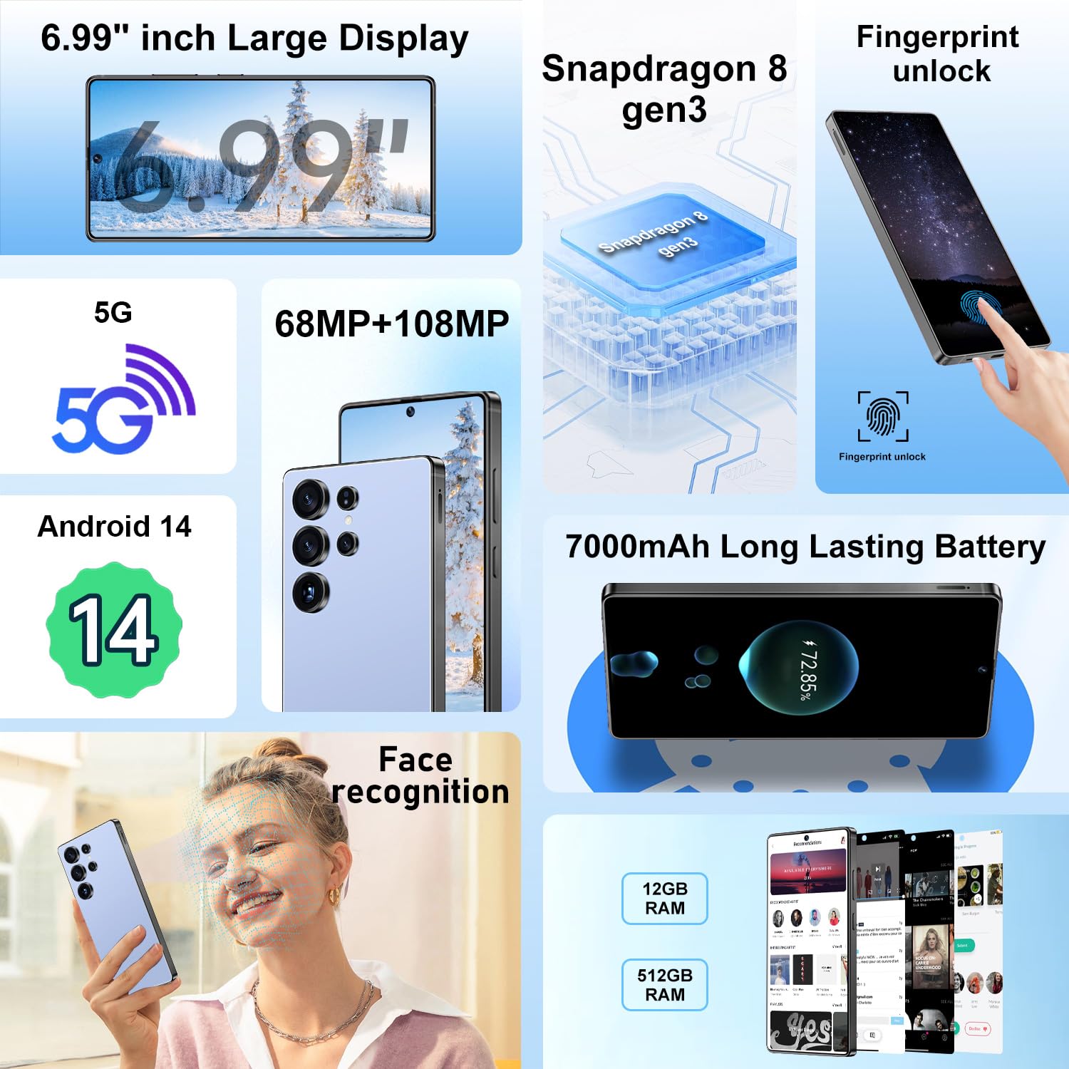 I25 Ultra Unlocked Android Phone| 12GB RAM+512GB| 6.99" HD Screen| 7000mAh Long-Lasting | Snapdragon 8 Gen3 | 68MP+108MP Pro Camera| Android 14 System| Face Unlock + Stylus (Titanium Blue)