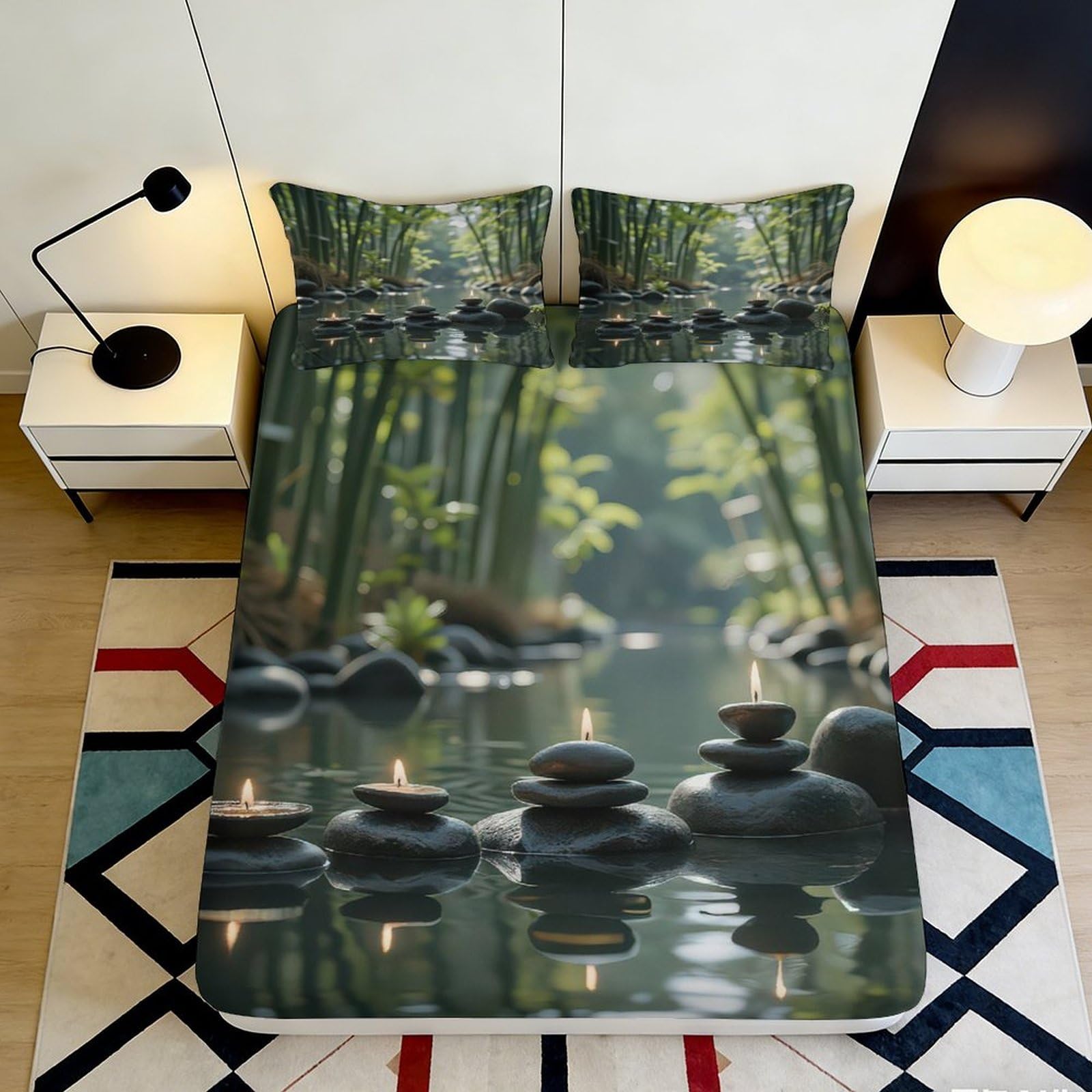 3D Printed Zen Bamboo Fitted Sheet Microfiber Decor Stones Candle Mattress Cover for Bedroom Guest Room Protection 90x200x25cm
