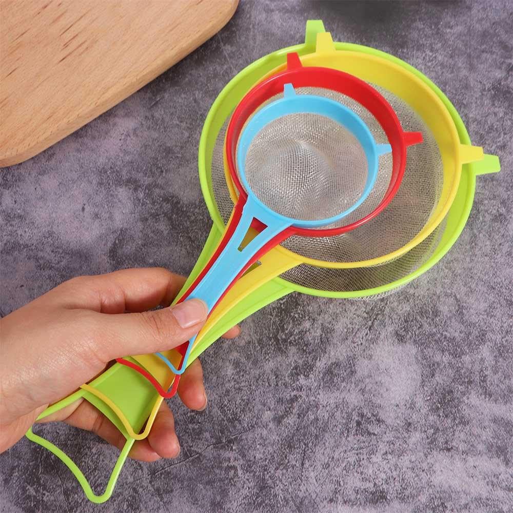 Set di 4 colini a rete fine per alimenti, latte di soia, farina, setaccio in plastica con manico lungo, multiuso per yogurt, tè, succo, zucchero, utensili da cucina