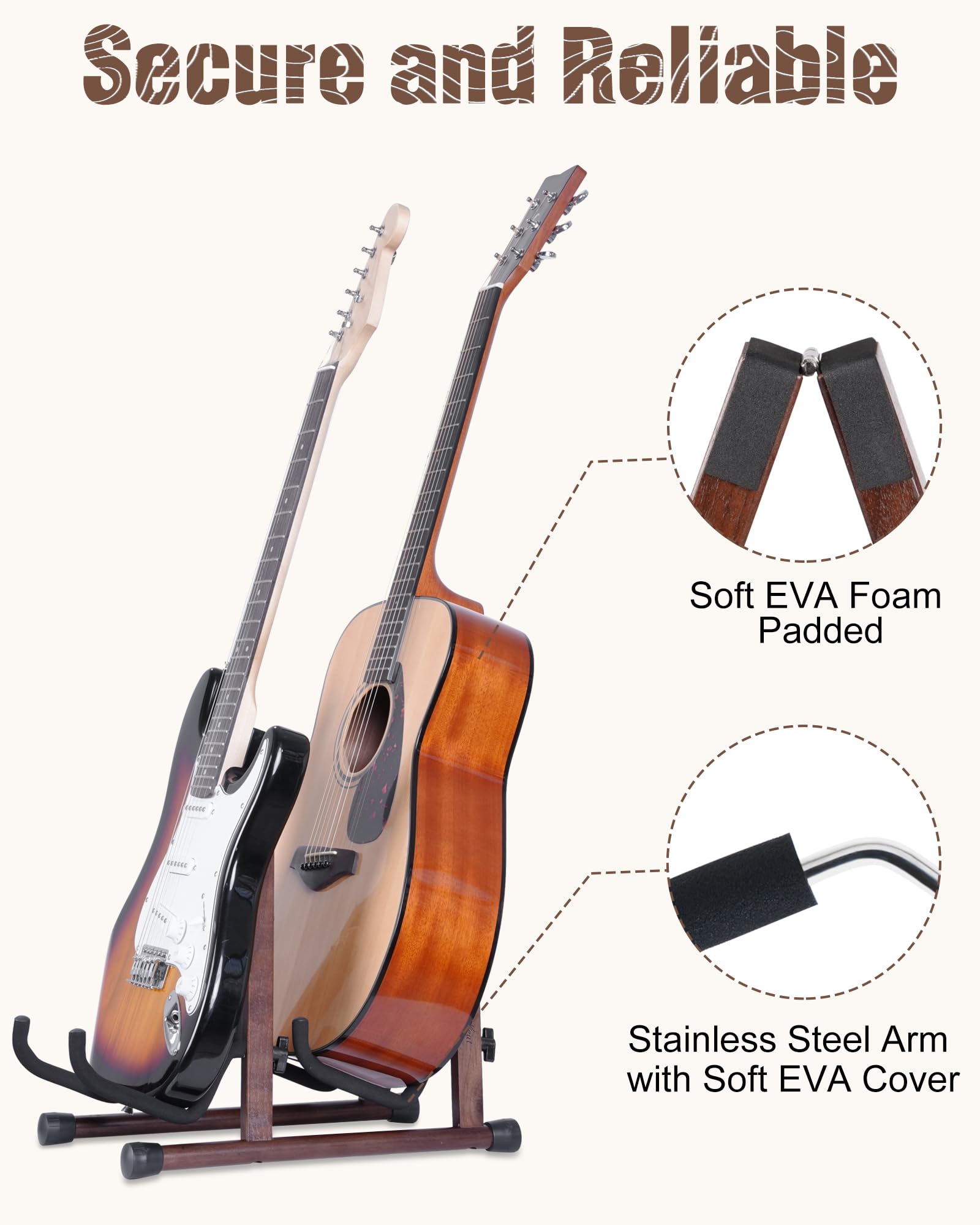 Doppio supporto per chitarra a forma di A per 2 chitarre (acustica/basso elettrico/banjo) con imbottitura in schiuma – forte supporto per pavimento per studio e casa