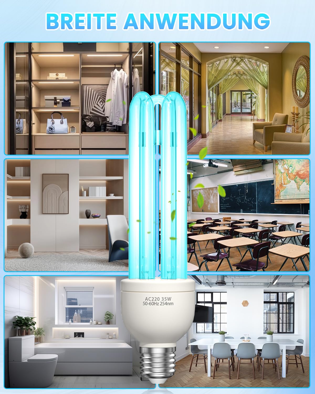 Lampe Desinfektion mit Ozon LED Licht 35W E27 254nm Keimtötende Lampe Starke Sterilisation und Desinfektion AC220-240V Perfekt für Küche, Schlafzimmer, Wohnzimmer, Büro Frischluft